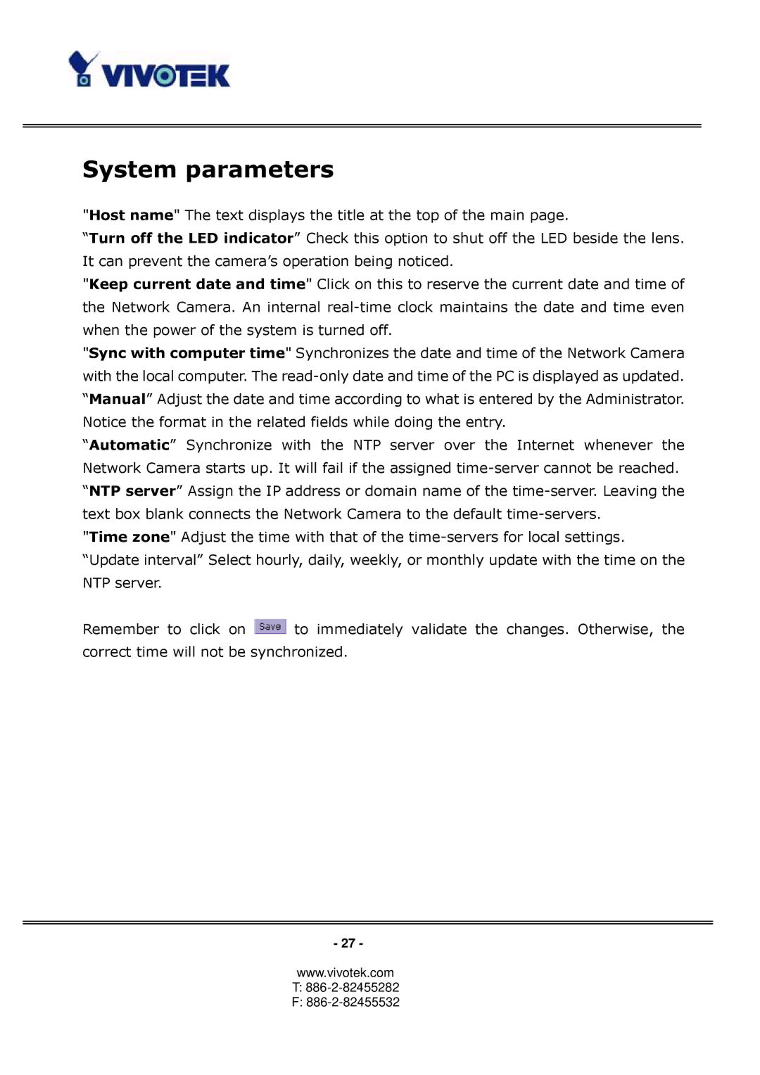 Vivotek PT3122 manual System parameters 