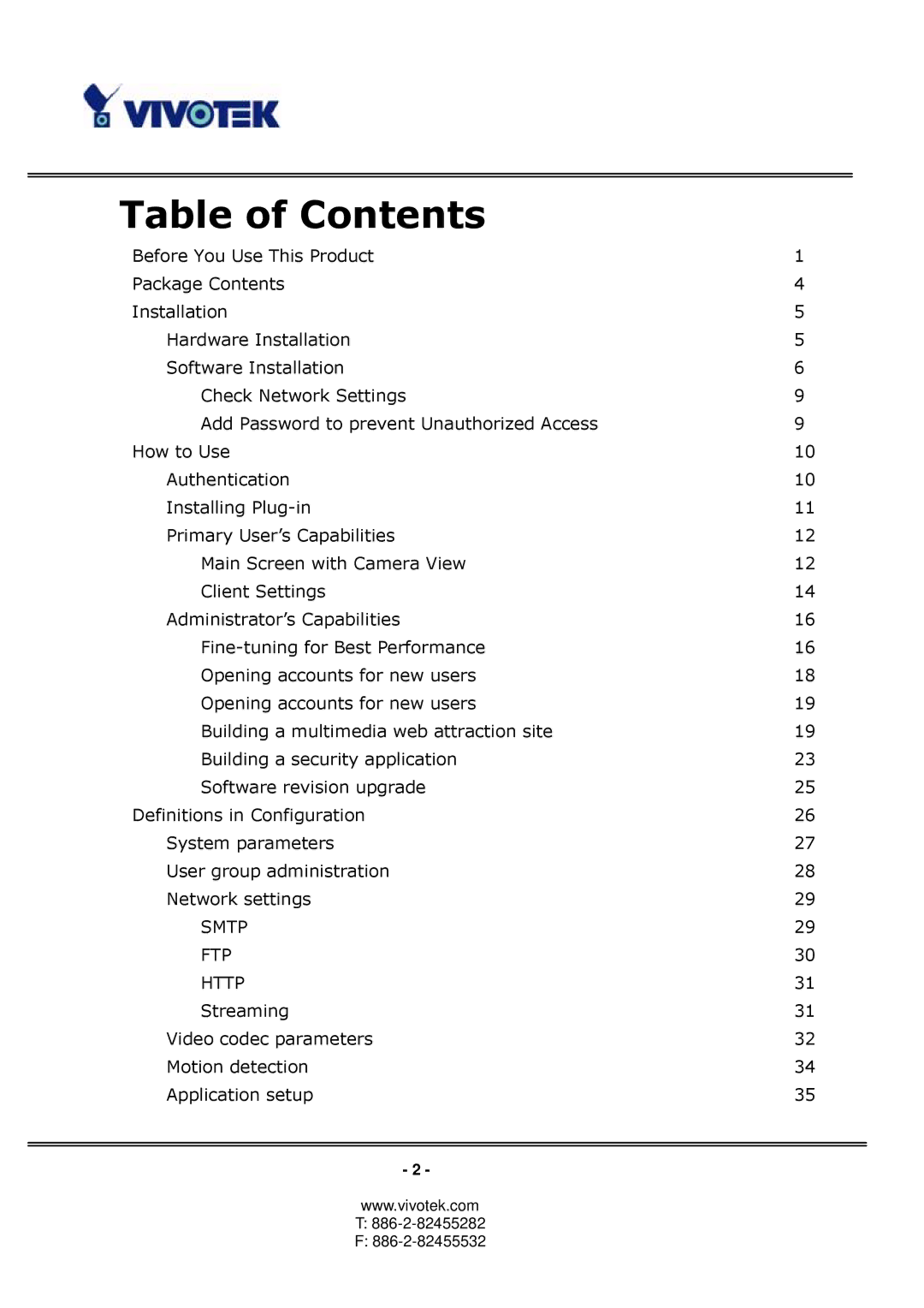 Vivotek PT3122 manual Table of Contents 