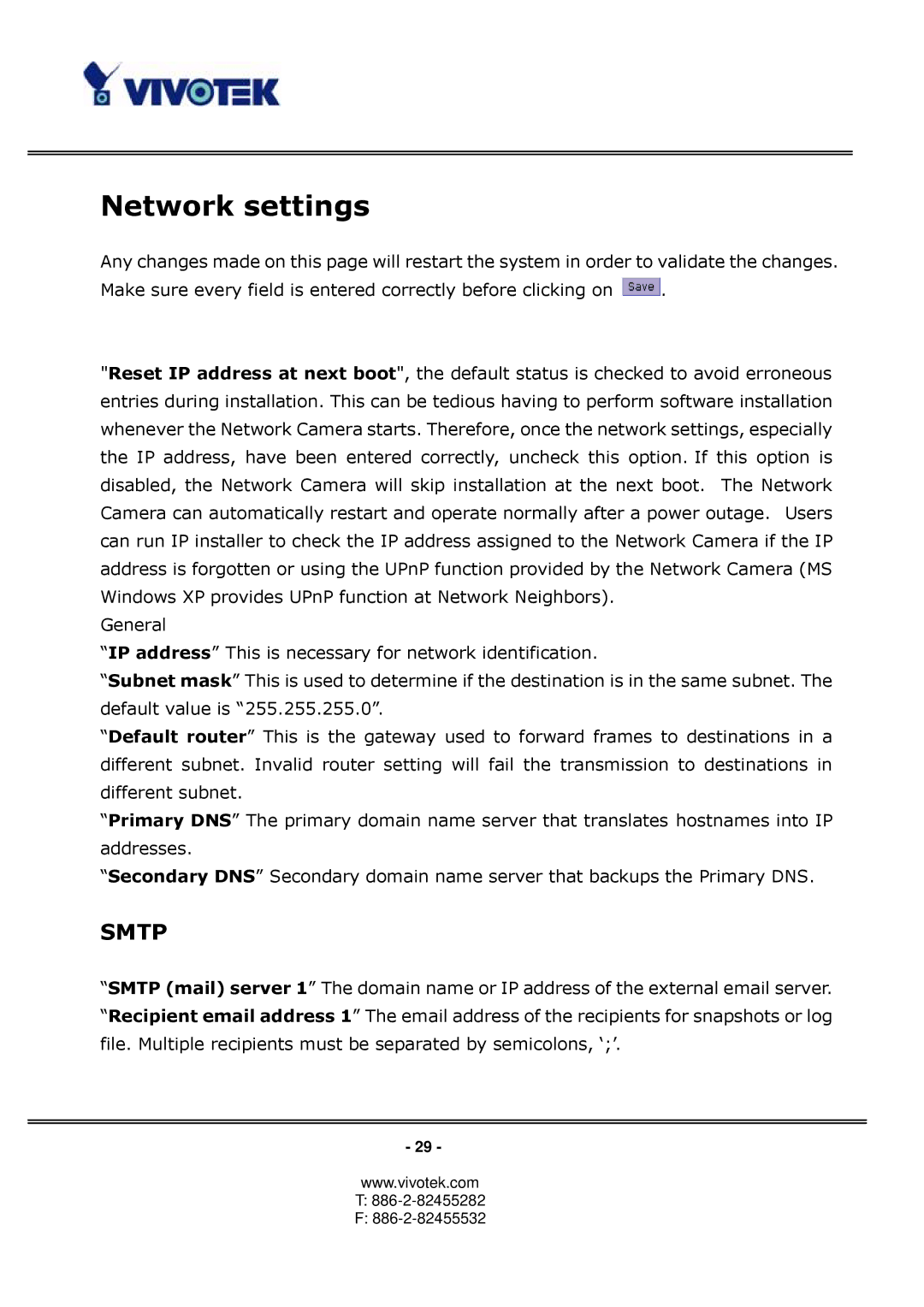 Vivotek PT3122 manual Network settings, Smtp 