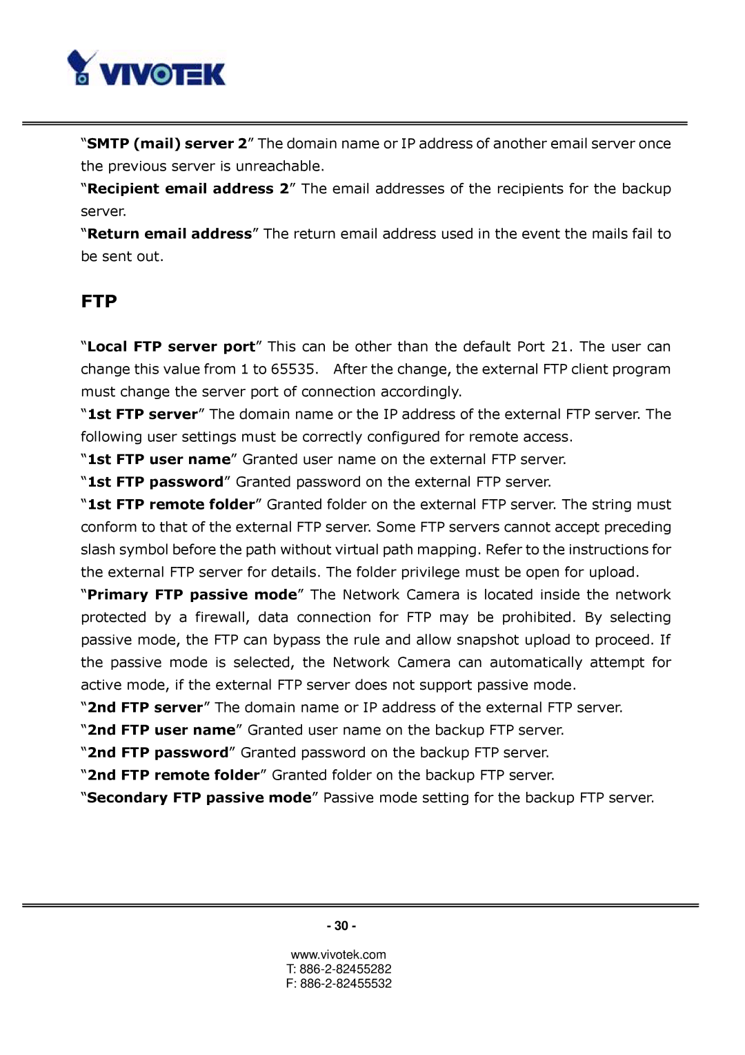 Vivotek PT3122 manual Ftp 