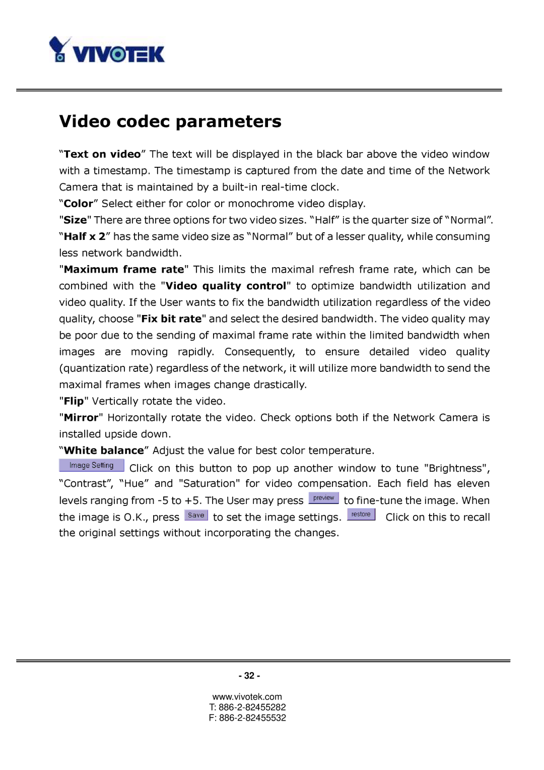 Vivotek PT3122 manual Video codec parameters 