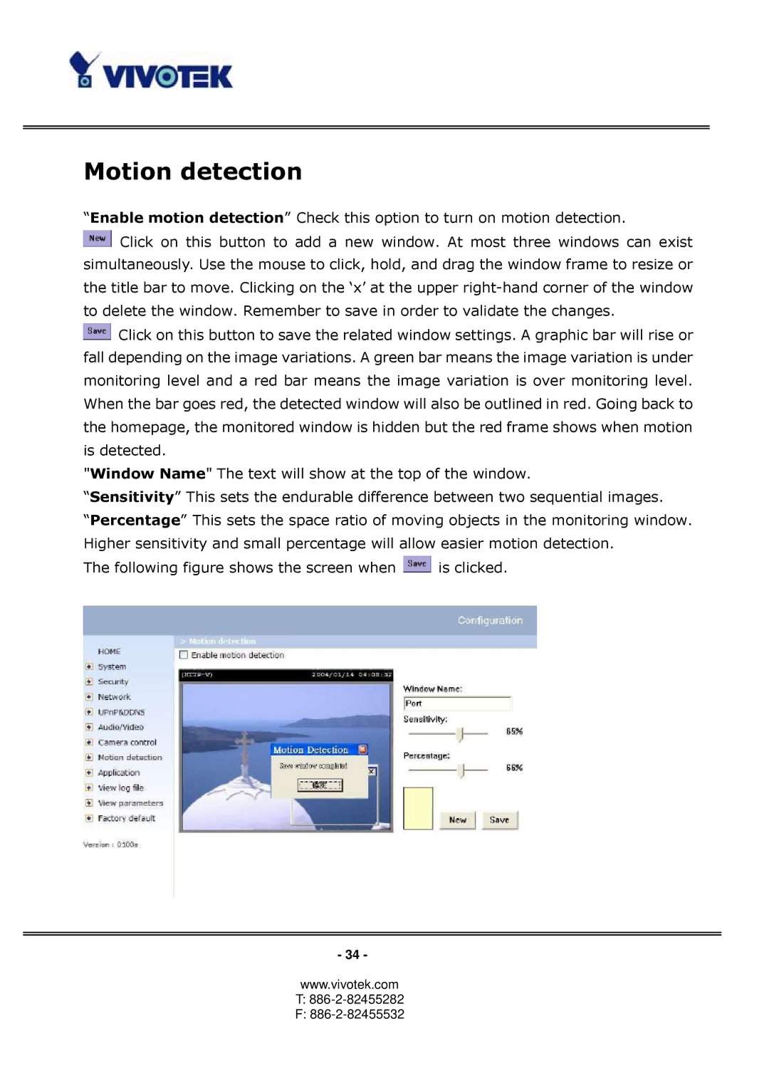 Vivotek PT3122 manual Motion detection 