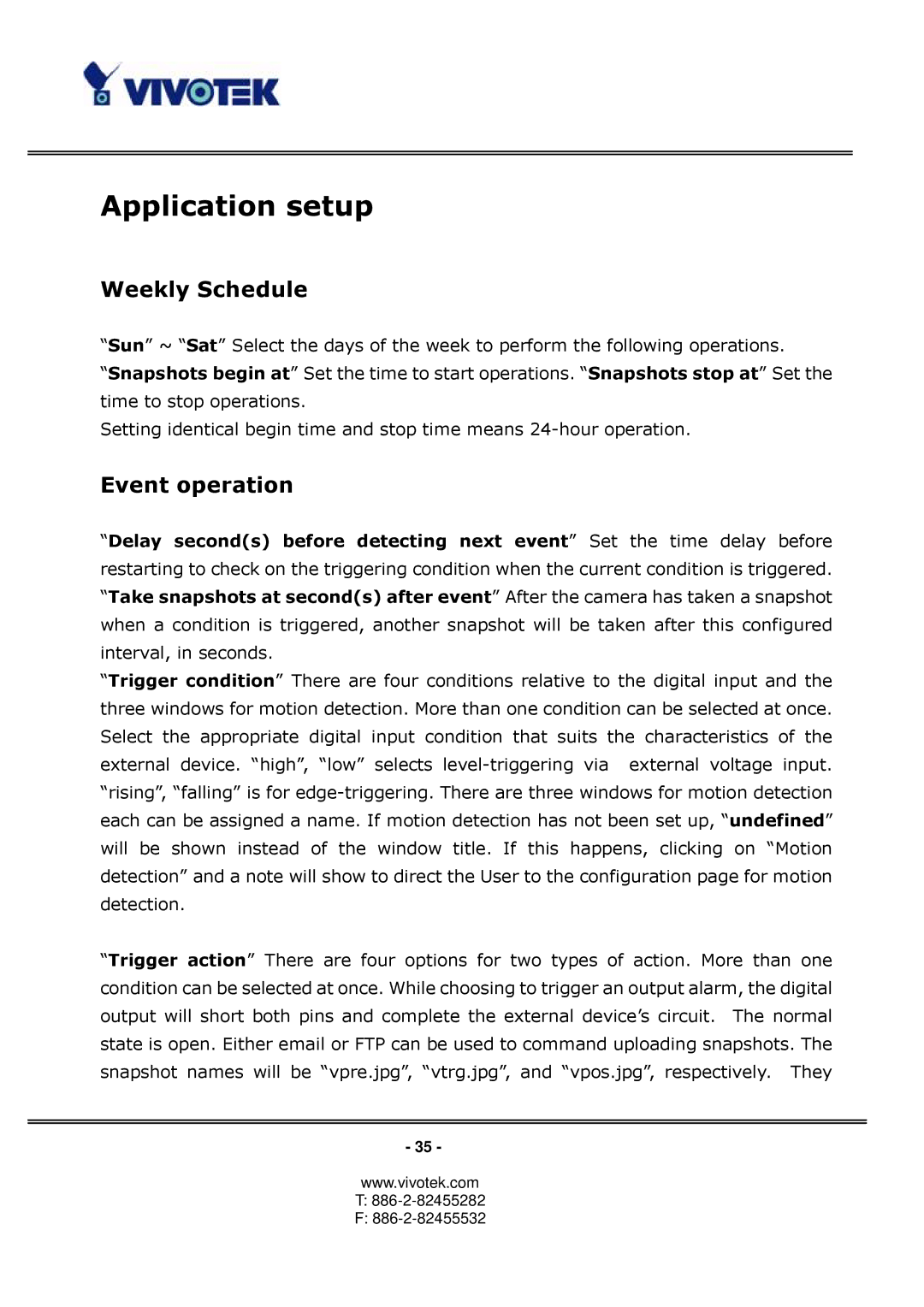 Vivotek PT3122 manual Application setup, Weekly Schedule, Event operation 