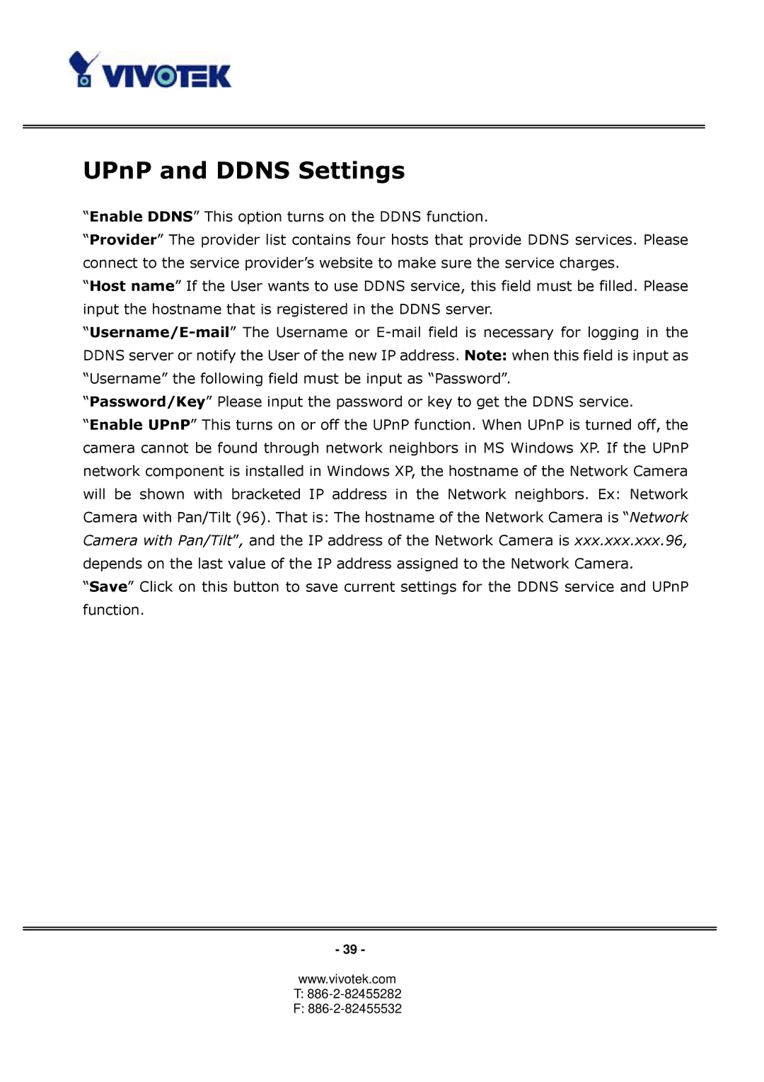 Vivotek PT3122 manual UPnP and Ddns Settings 