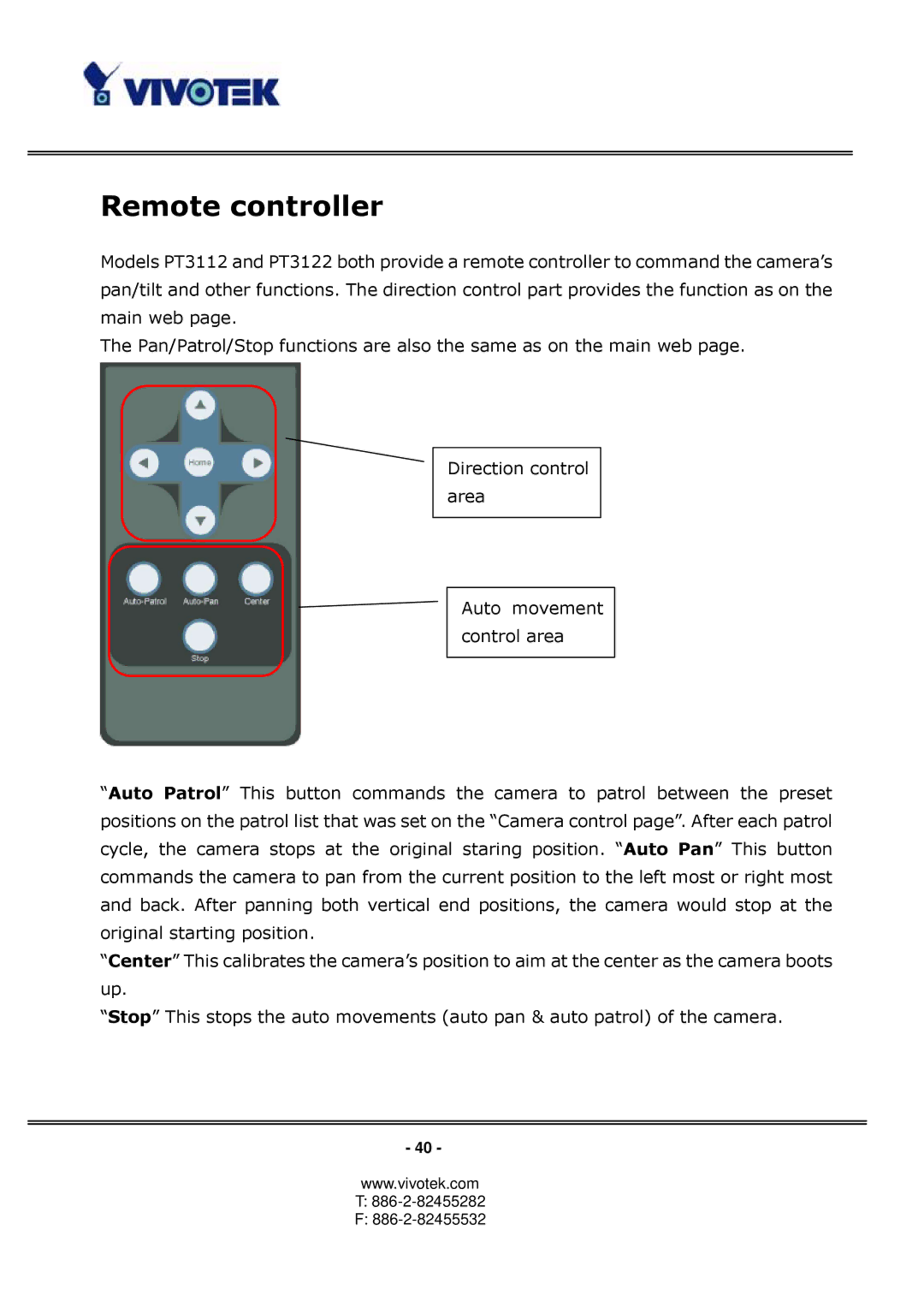 Vivotek PT3122 manual Remote controller 