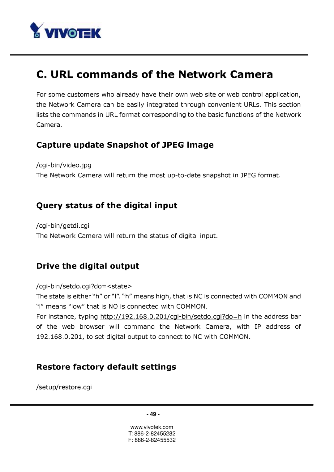 Vivotek PT3122 manual URL commands of the Network Camera, Capture update Snapshot of Jpeg image, Drive the digital output 