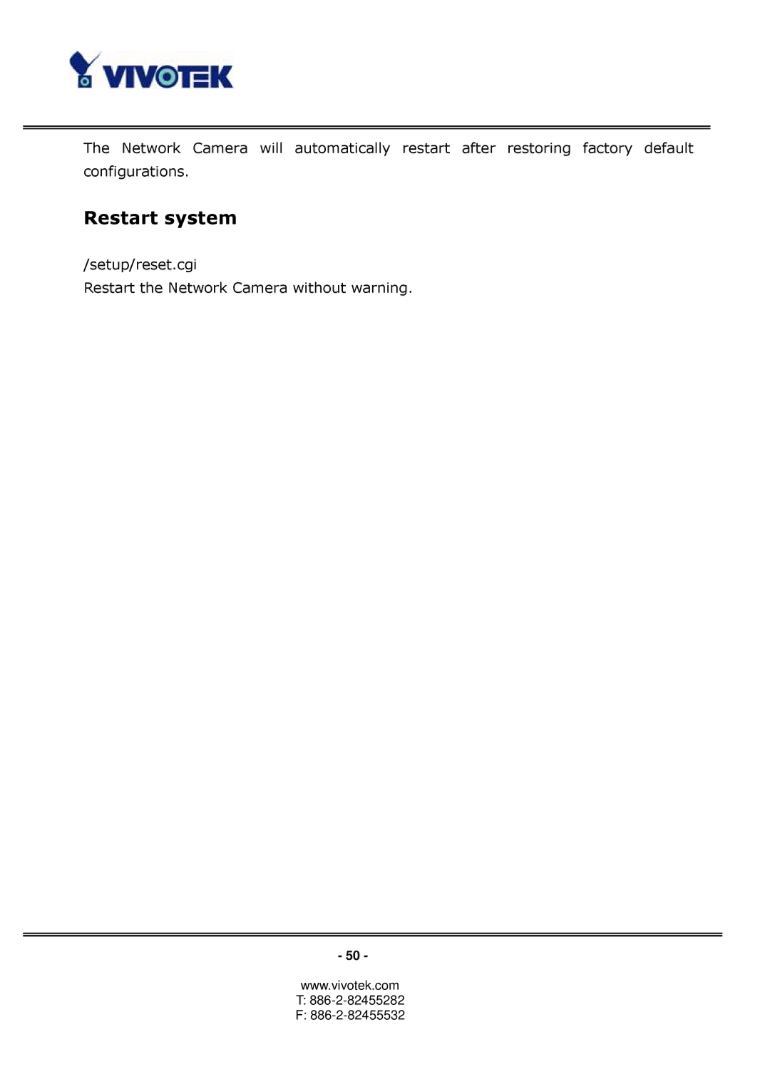 Vivotek PT3122 manual Restart system 