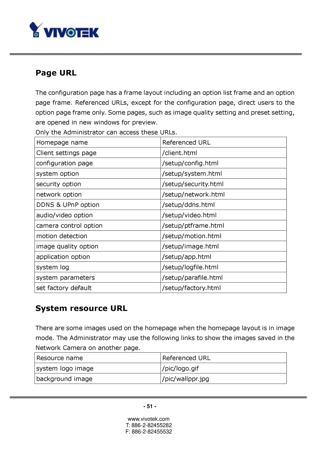 Vivotek PT3122 manual Url, System resource URL 