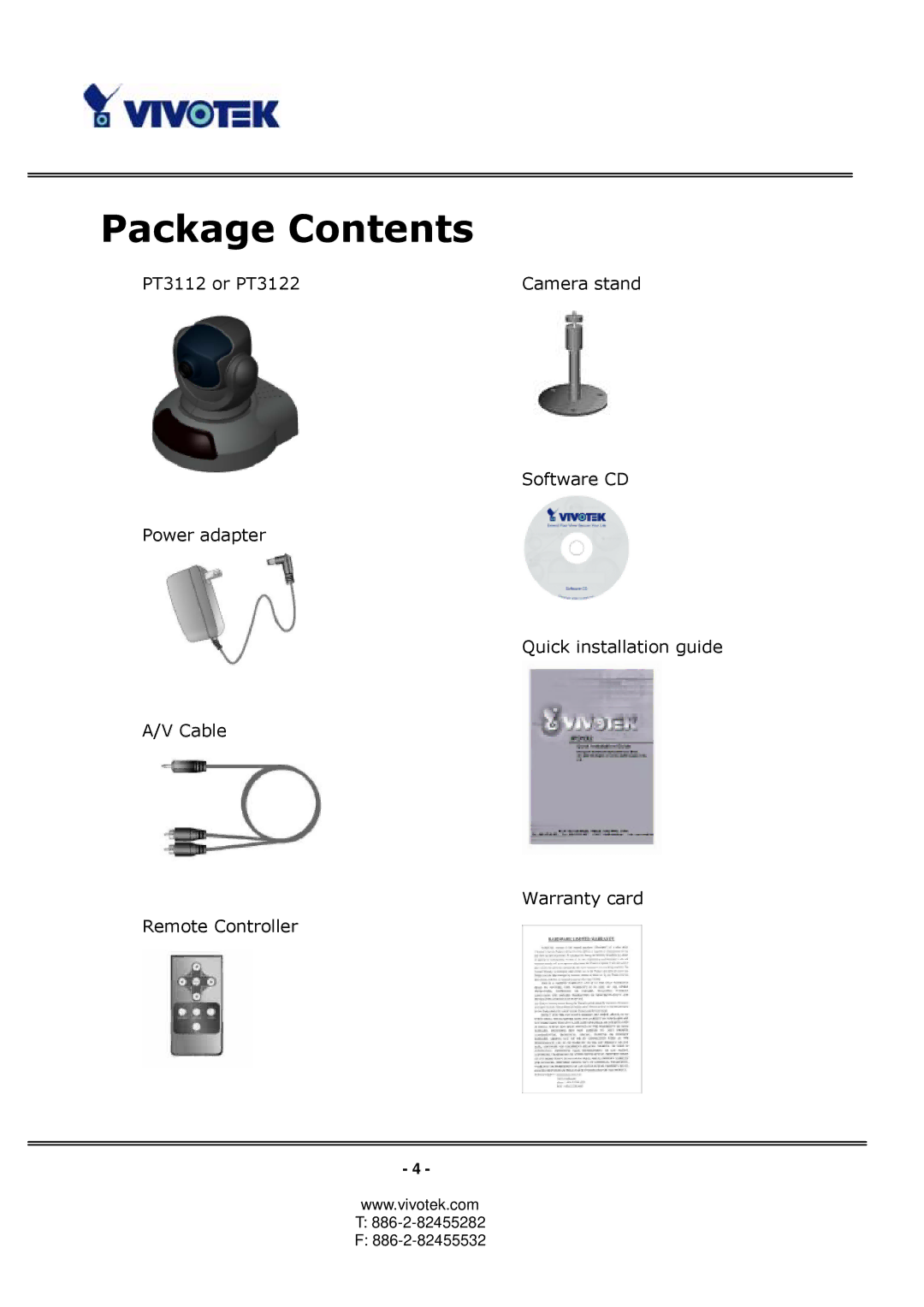 Vivotek PT3122 manual Package Contents 