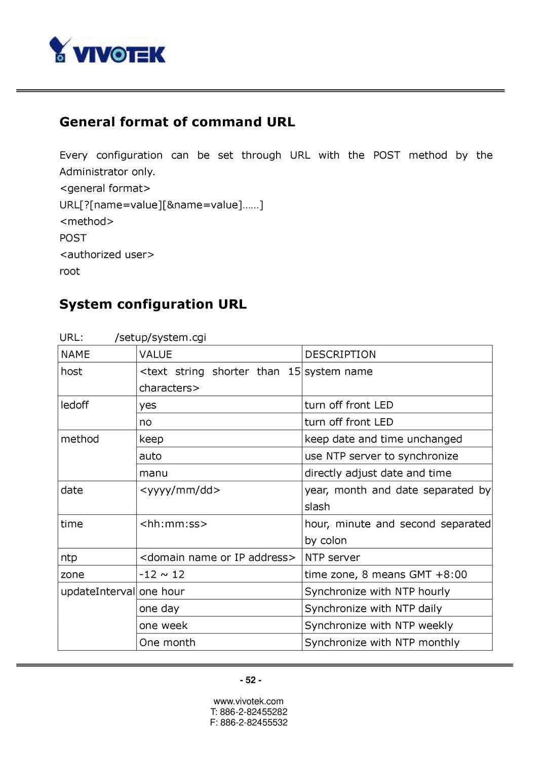 Vivotek PT3122 manual General format of command URL, System configuration URL 