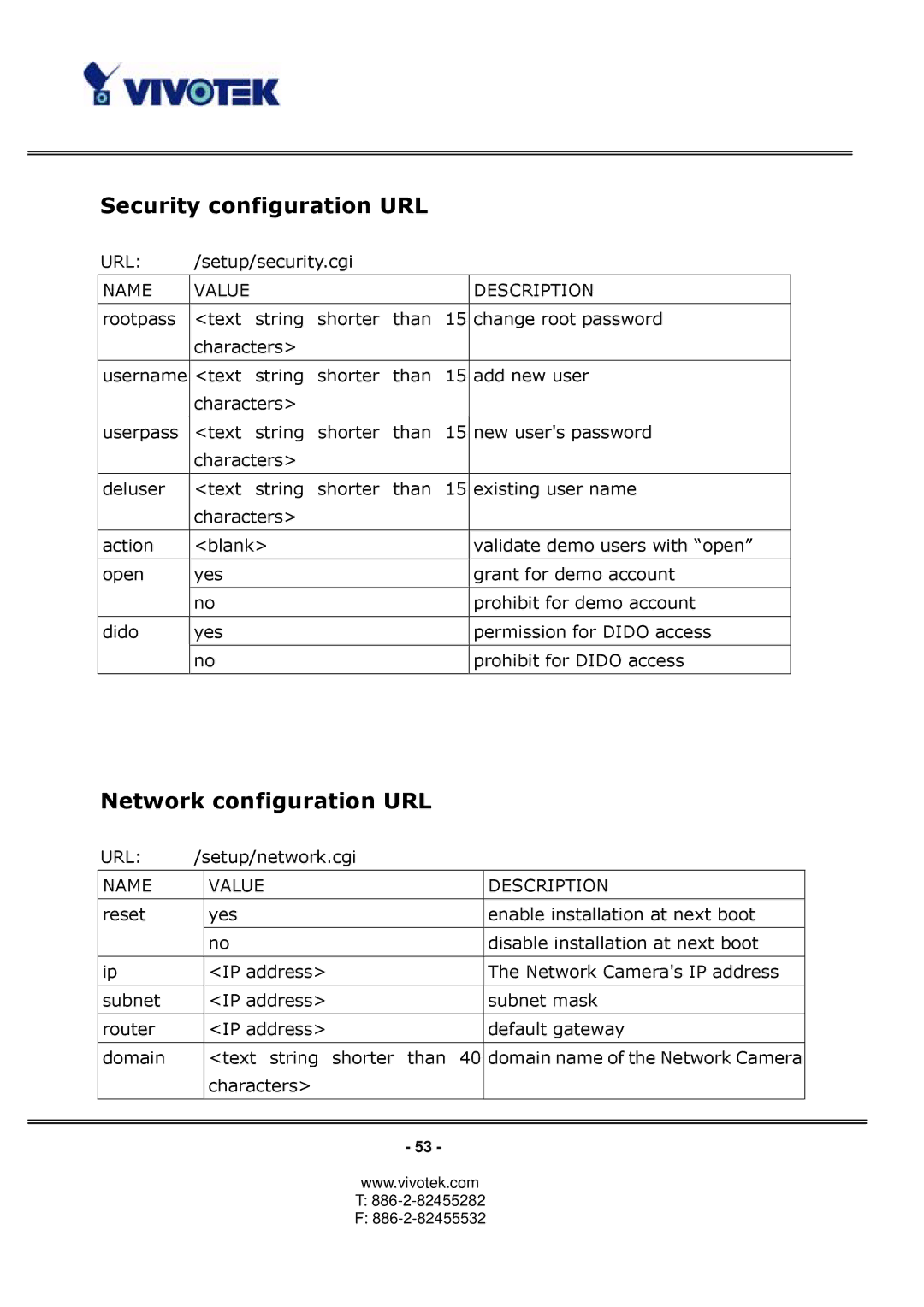 Vivotek PT3122 manual Security configuration URL, Network configuration URL 