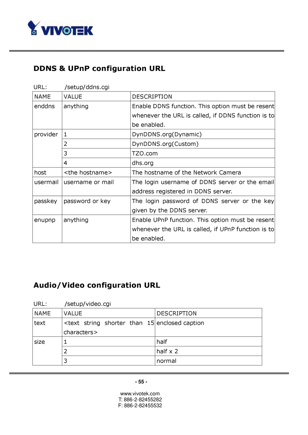 Vivotek PT3122 manual Ddns & UPnP configuration URL, Audio/Video configuration URL 