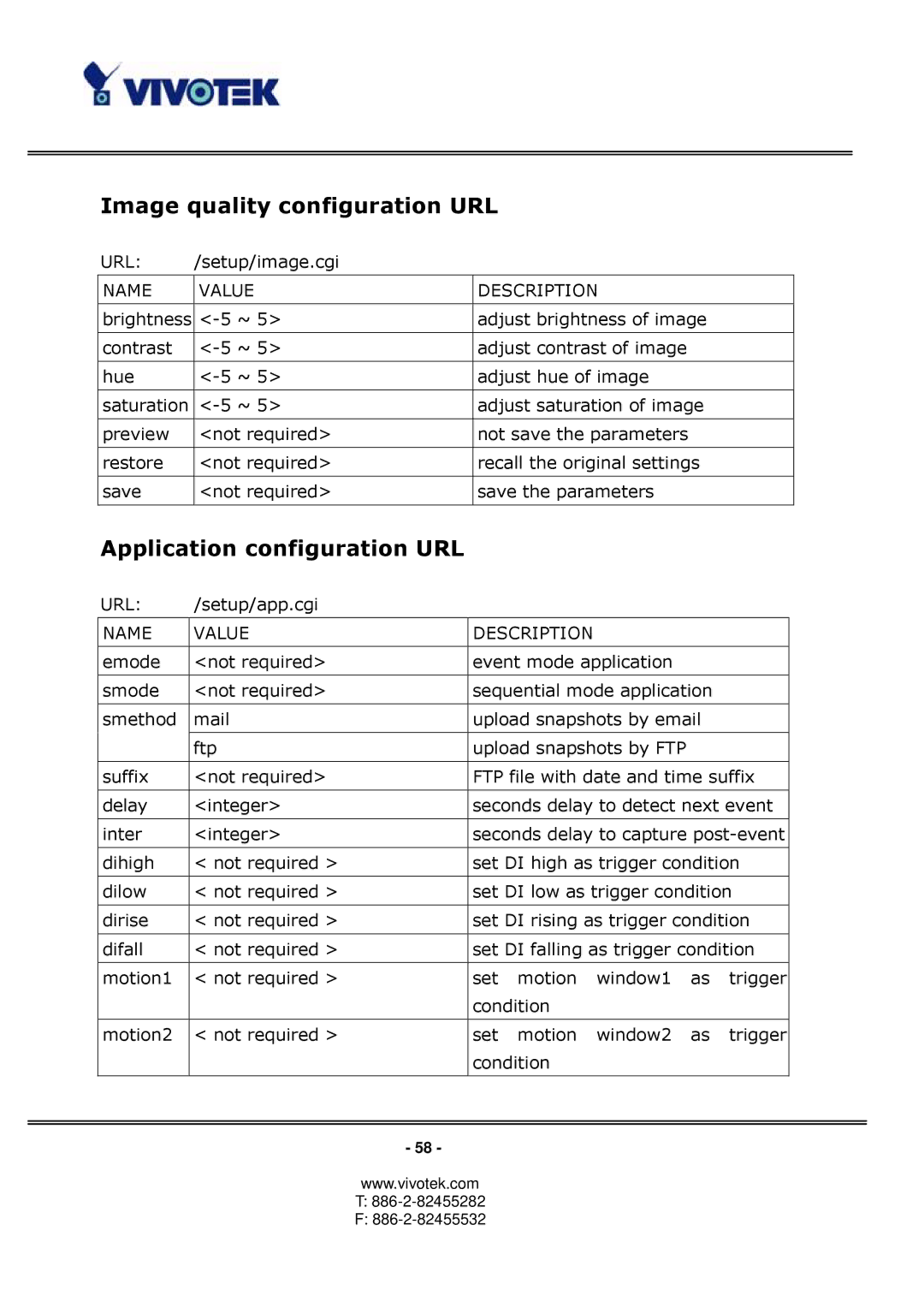 Vivotek PT3122 manual Image quality configuration URL, Application configuration URL 