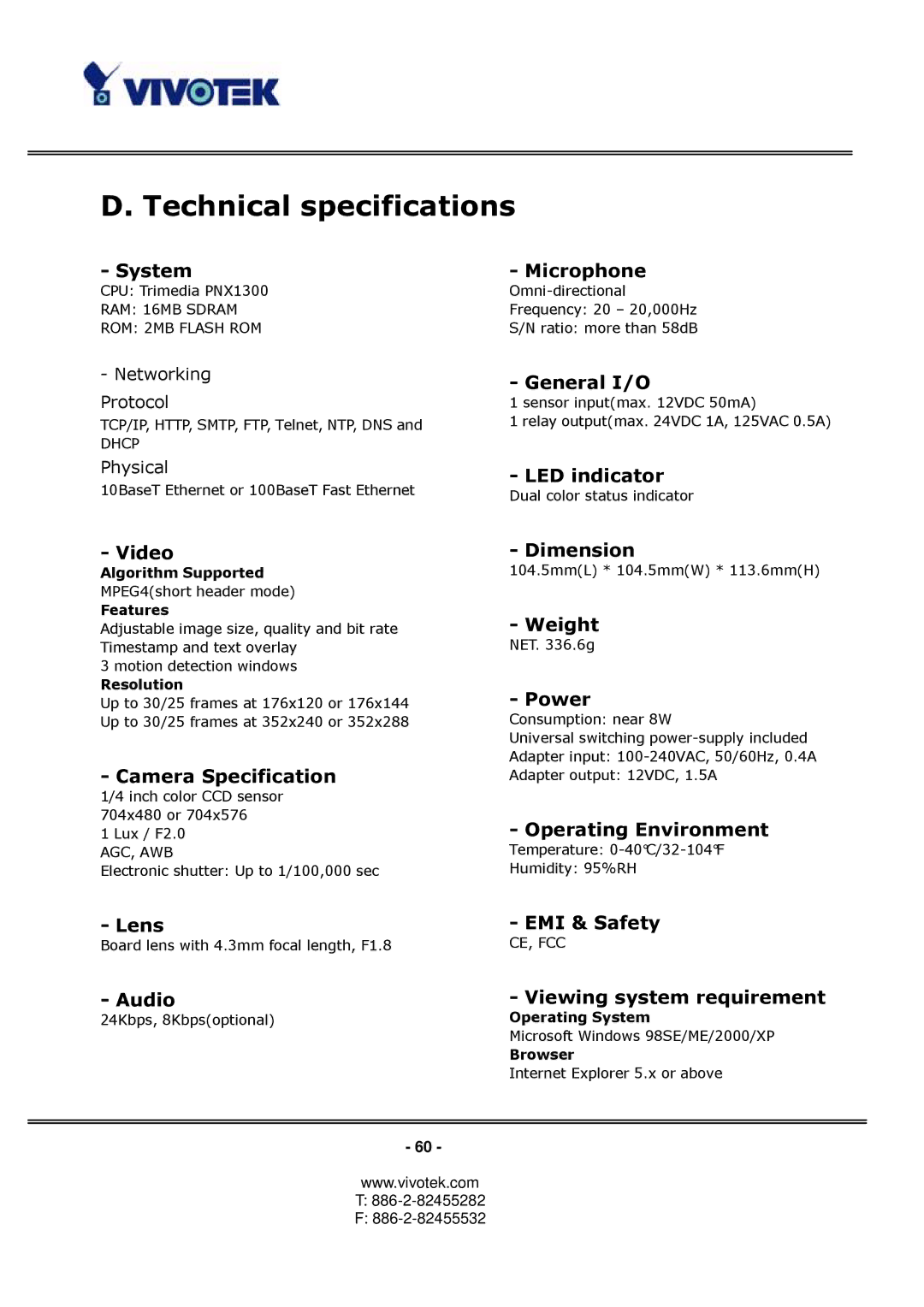 Vivotek PT3122 manual Technical specifications, System Microphone 