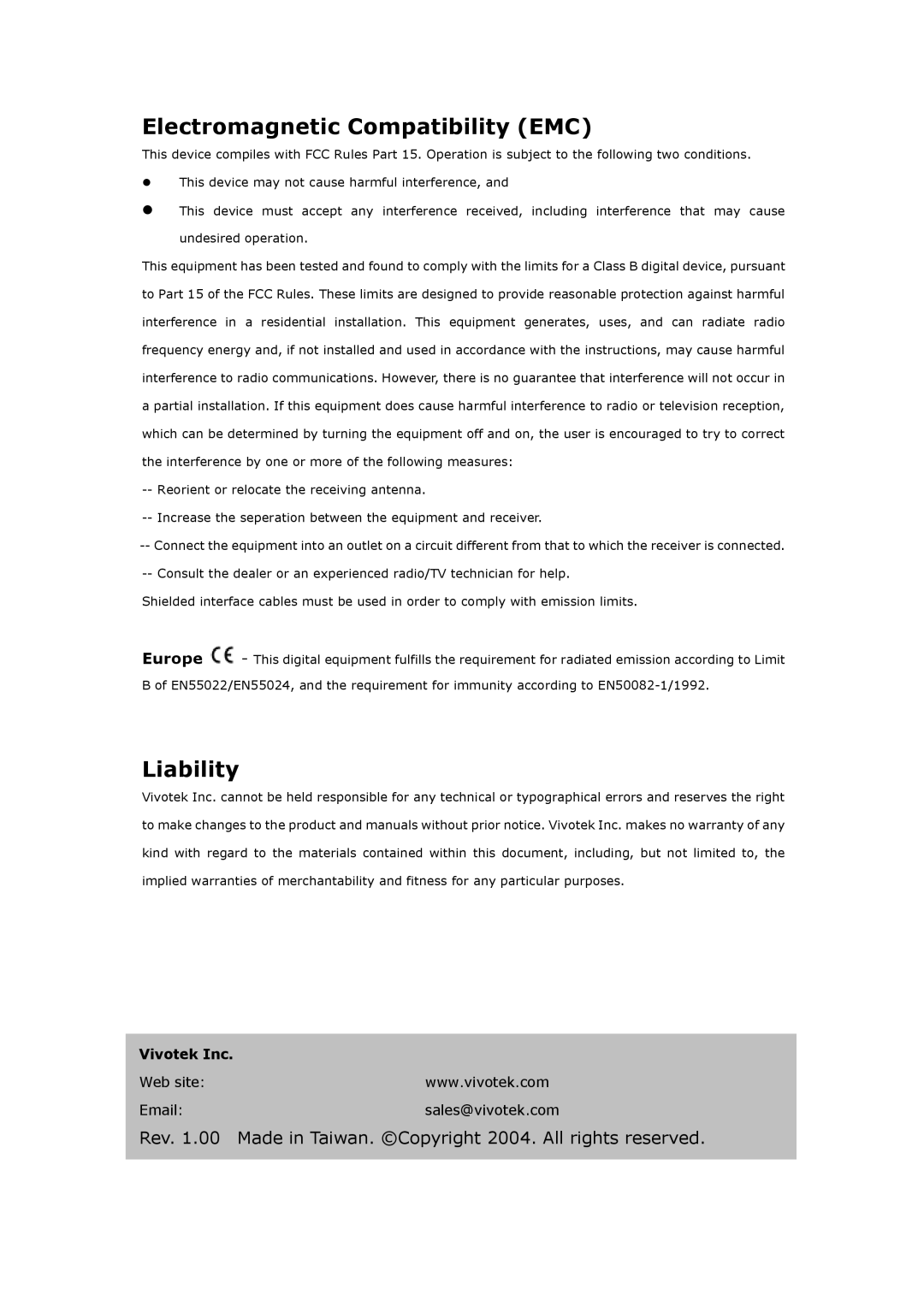 Vivotek PT3122 manual Electromagnetic Compatibility EMC, Liability 