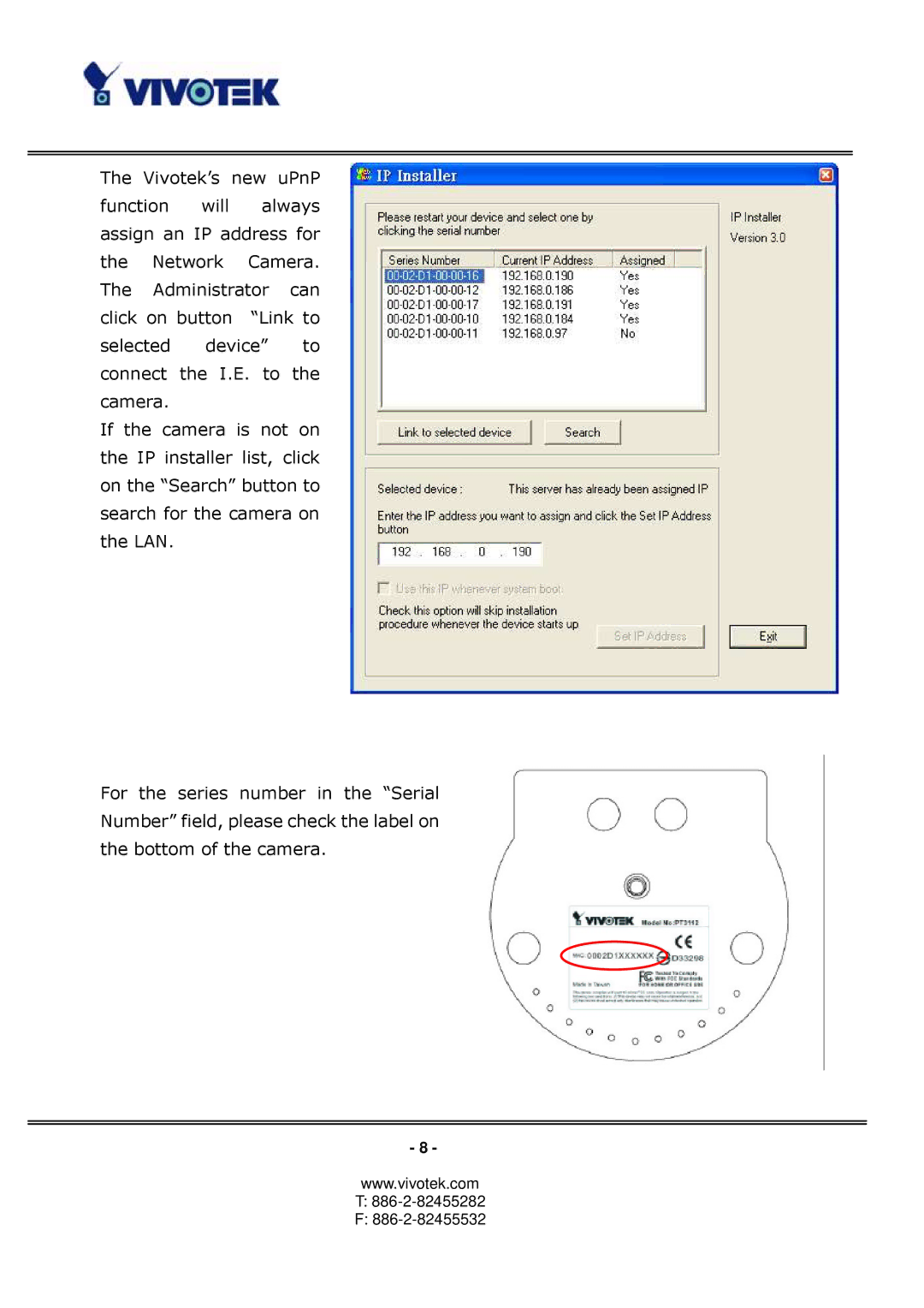 Vivotek PT3122 manual 886-2-82455282 886-2-82455532 