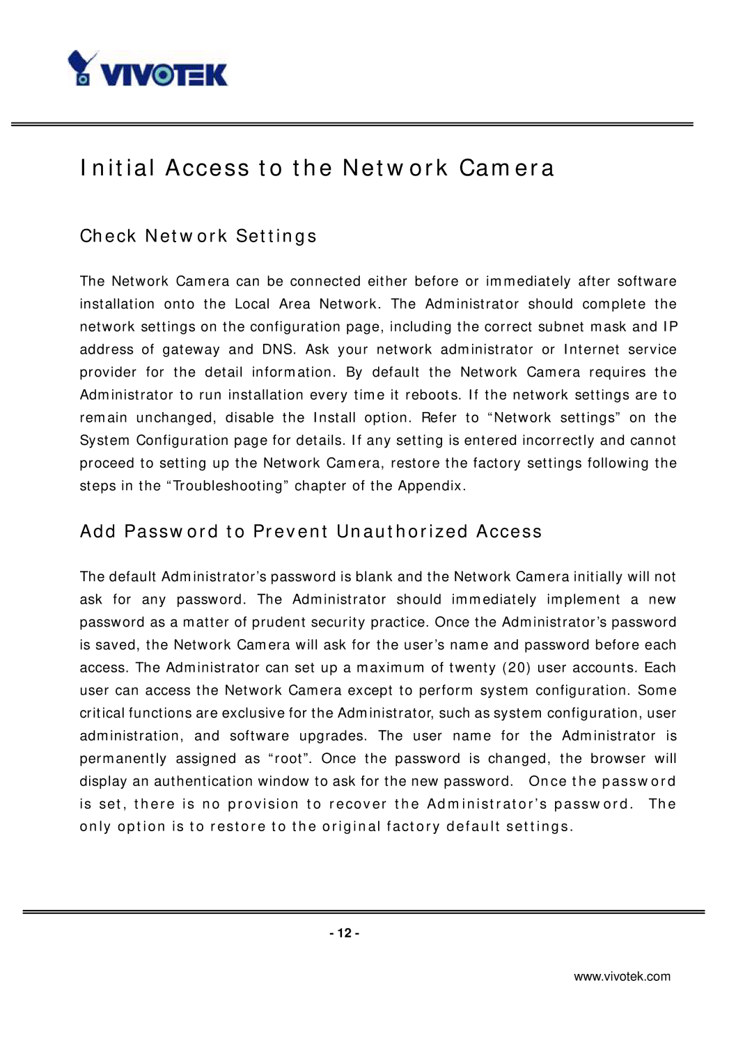 Vivotek PT7135 Initial Access to the Network Camera, Check Network Settings, Add Password to Prevent Unauthorized Access 