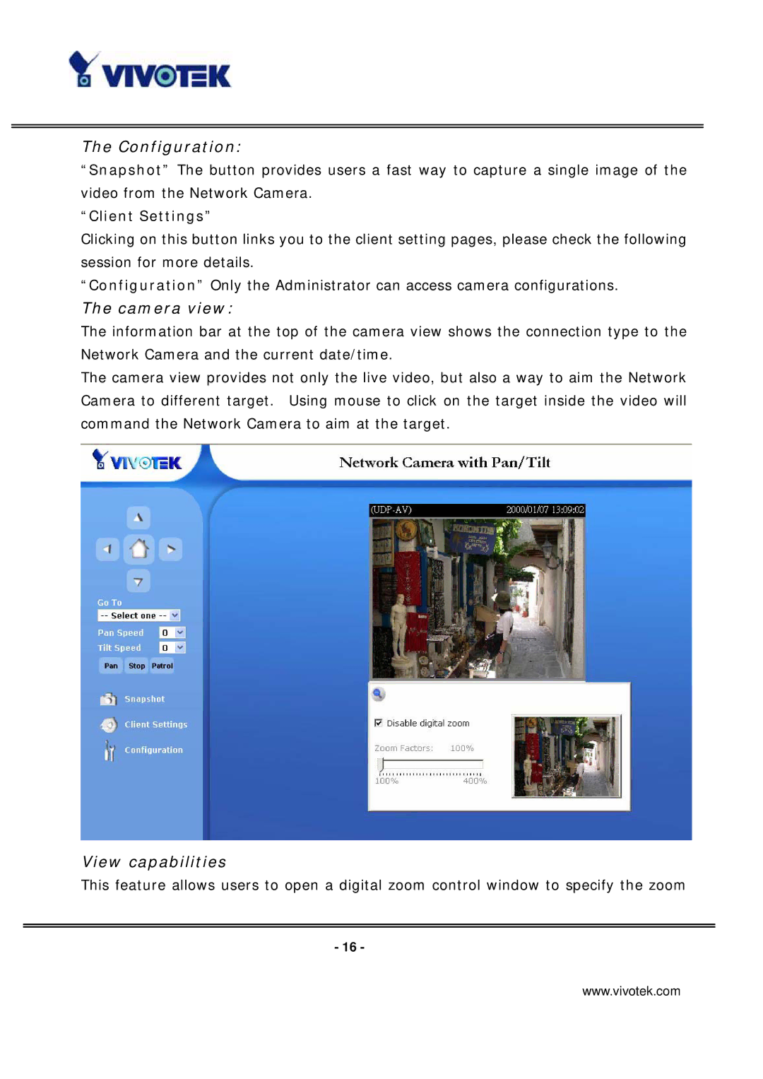 Vivotek PT7135 manual Configuration, Camera view, View capabilities, Client Settings 