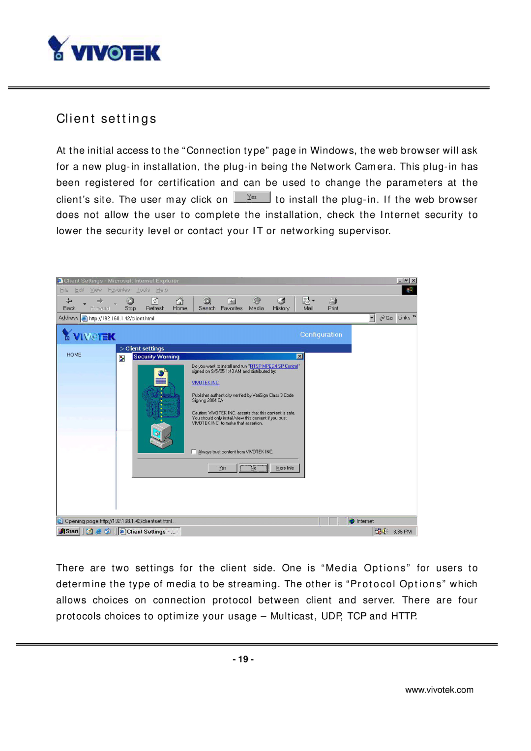 Vivotek PT7135 manual Client settings 