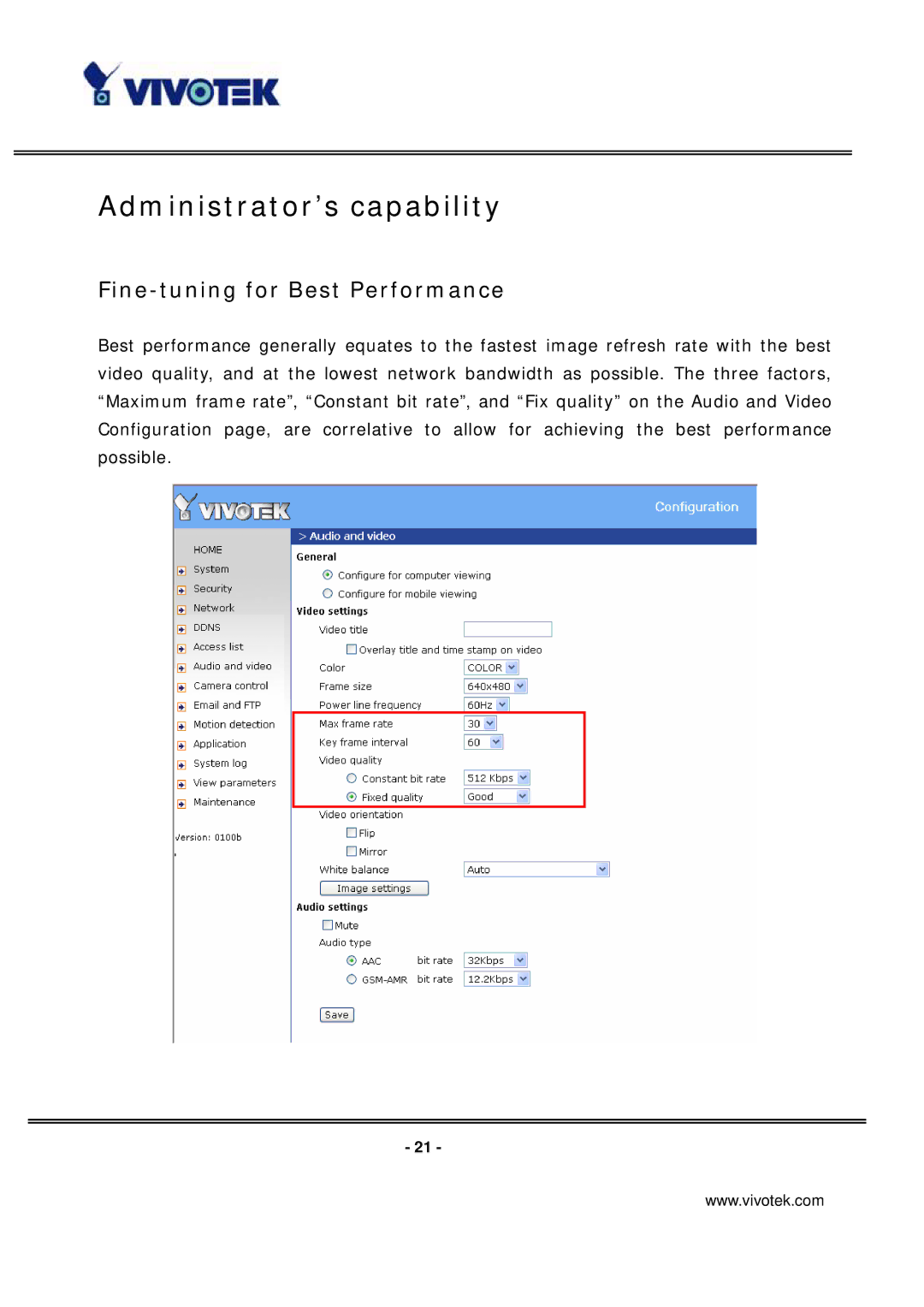 Vivotek PT7135 manual Administrator’s capability, Fine-tuning for Best Performance 