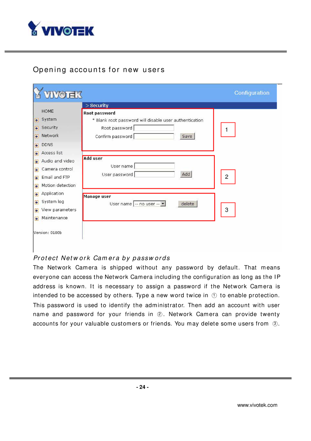 Vivotek PT7135 manual Opening accounts for new users, Protect Network Camera by passwords 