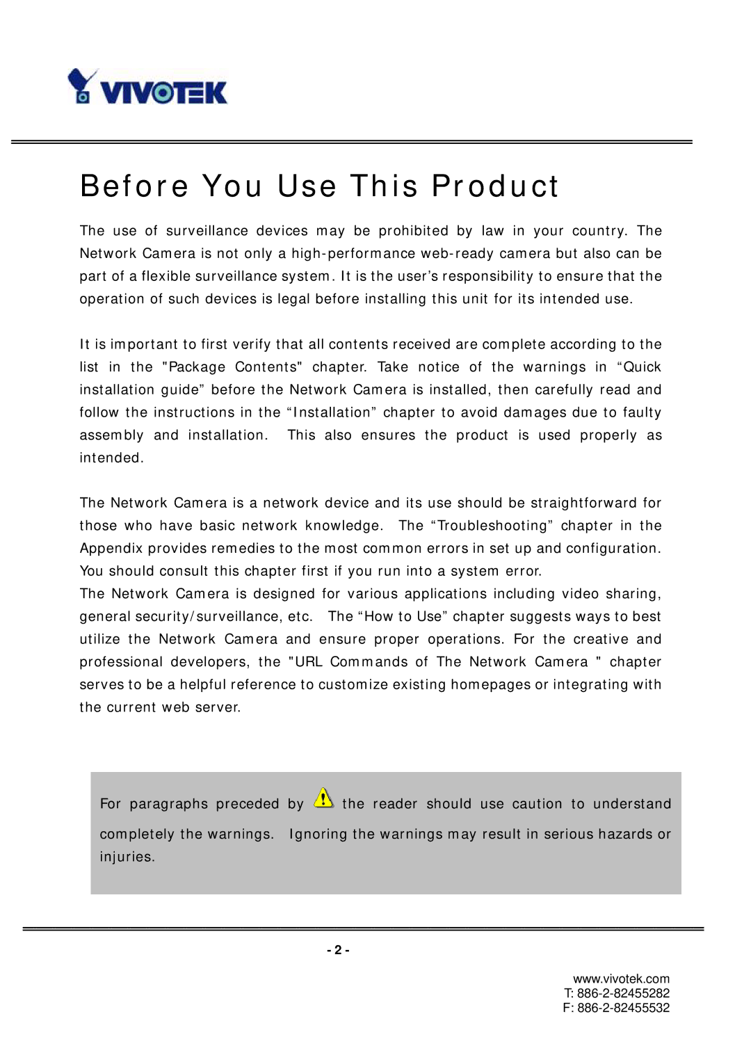 Vivotek PT7135 manual Before You Use This Product 