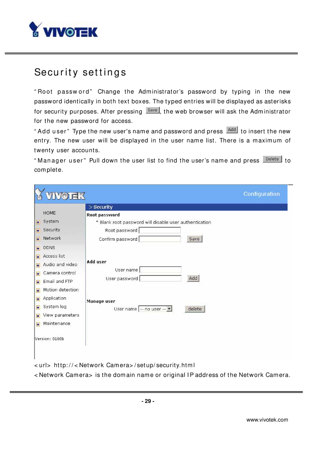 Vivotek PT7135 manual Security settings 