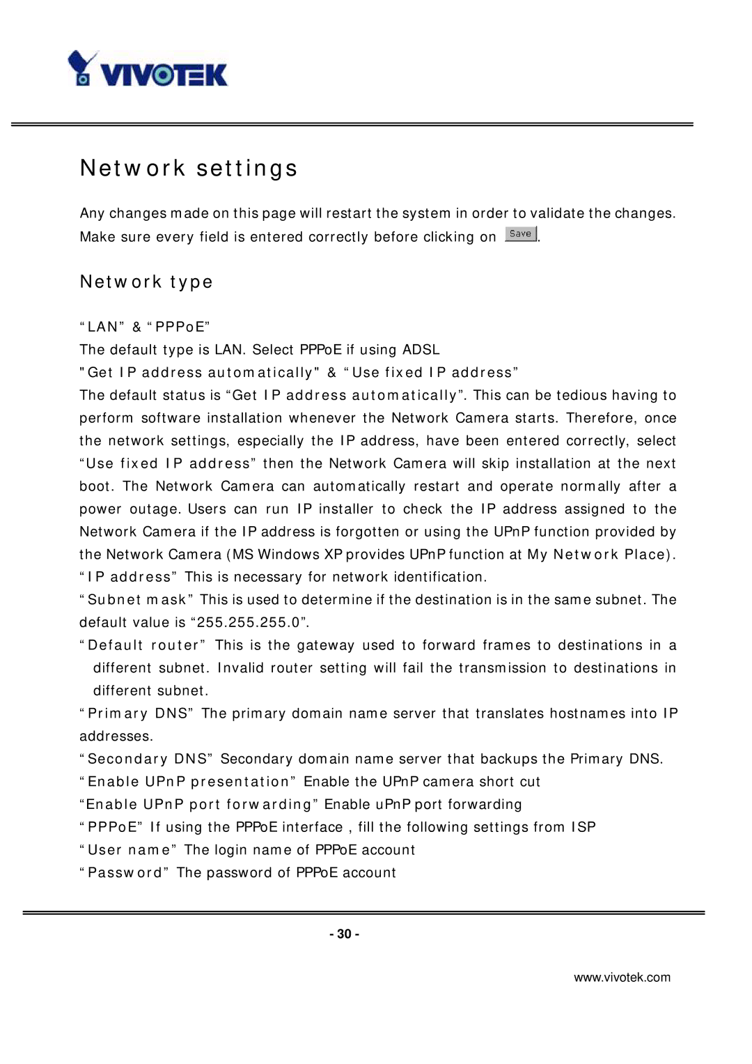 Vivotek PT7135 manual Network settings, Network type, LAN & PPPoE, Get IP address automatically & Use fixed IP address 