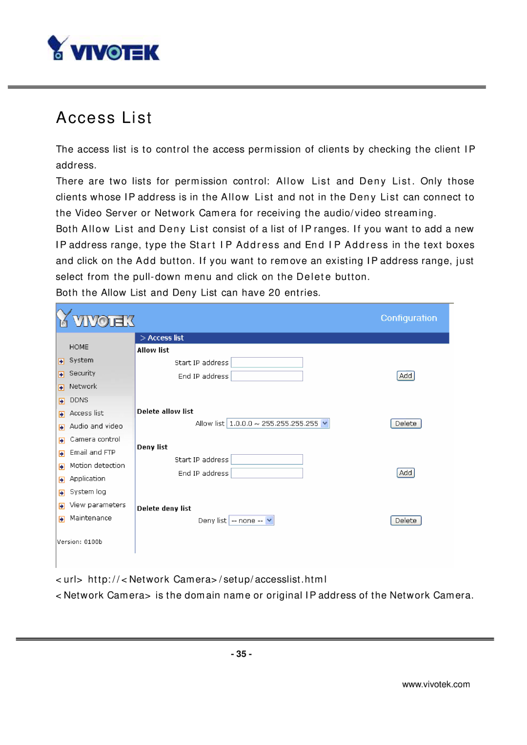 Vivotek PT7135 manual Access List 