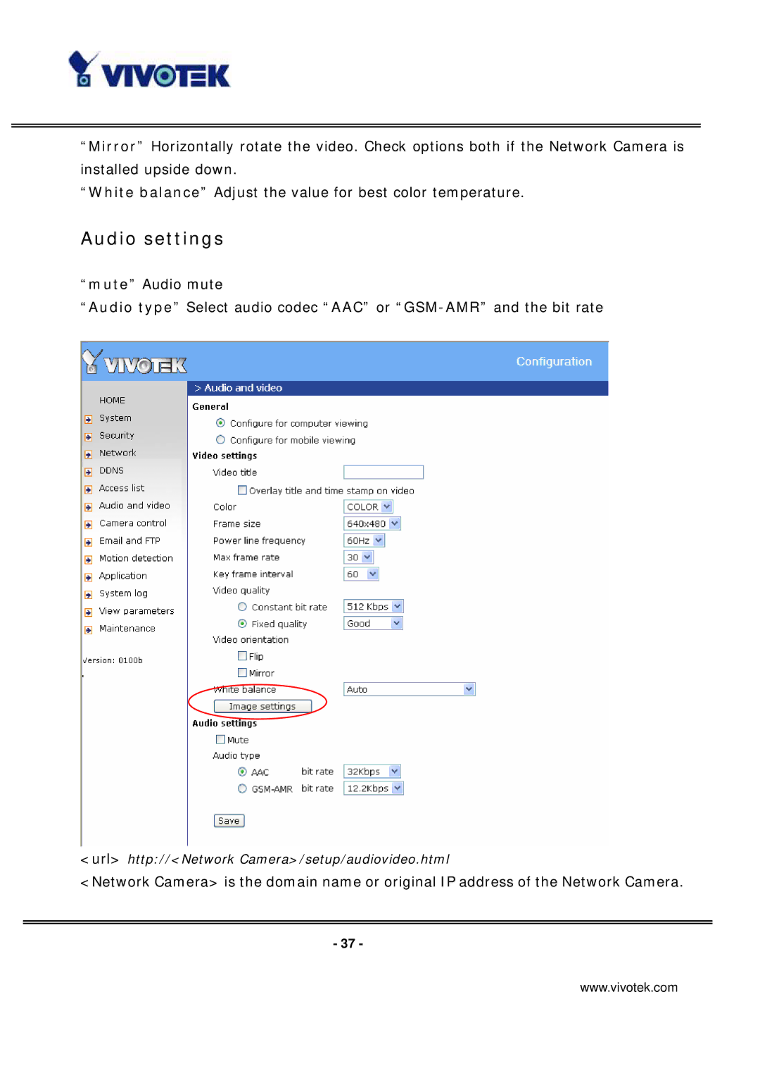 Vivotek PT7135 manual Audio settings 