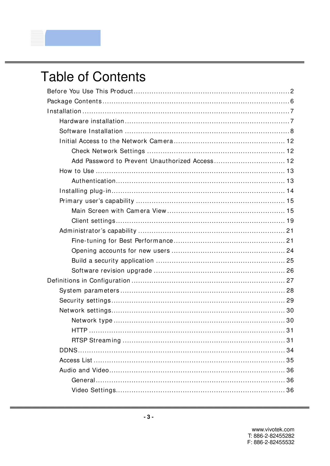 Vivotek PT7135 manual Table of Contents 