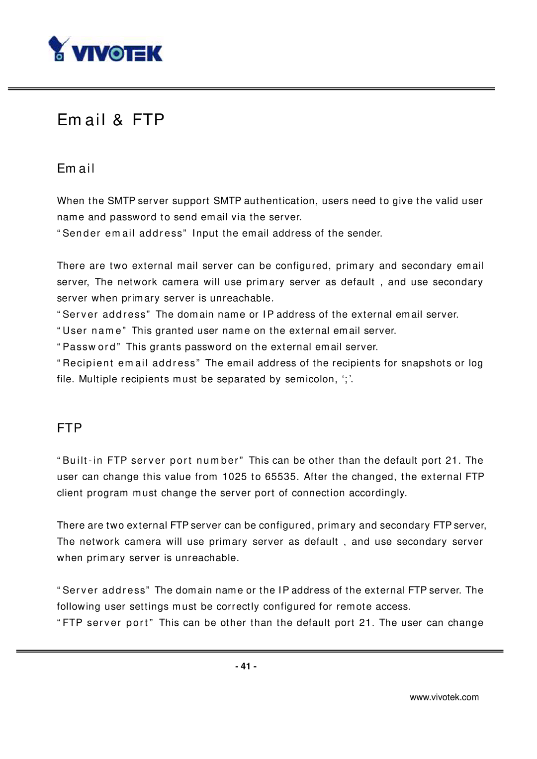 Vivotek PT7135 manual Email & FTP, Ftp 