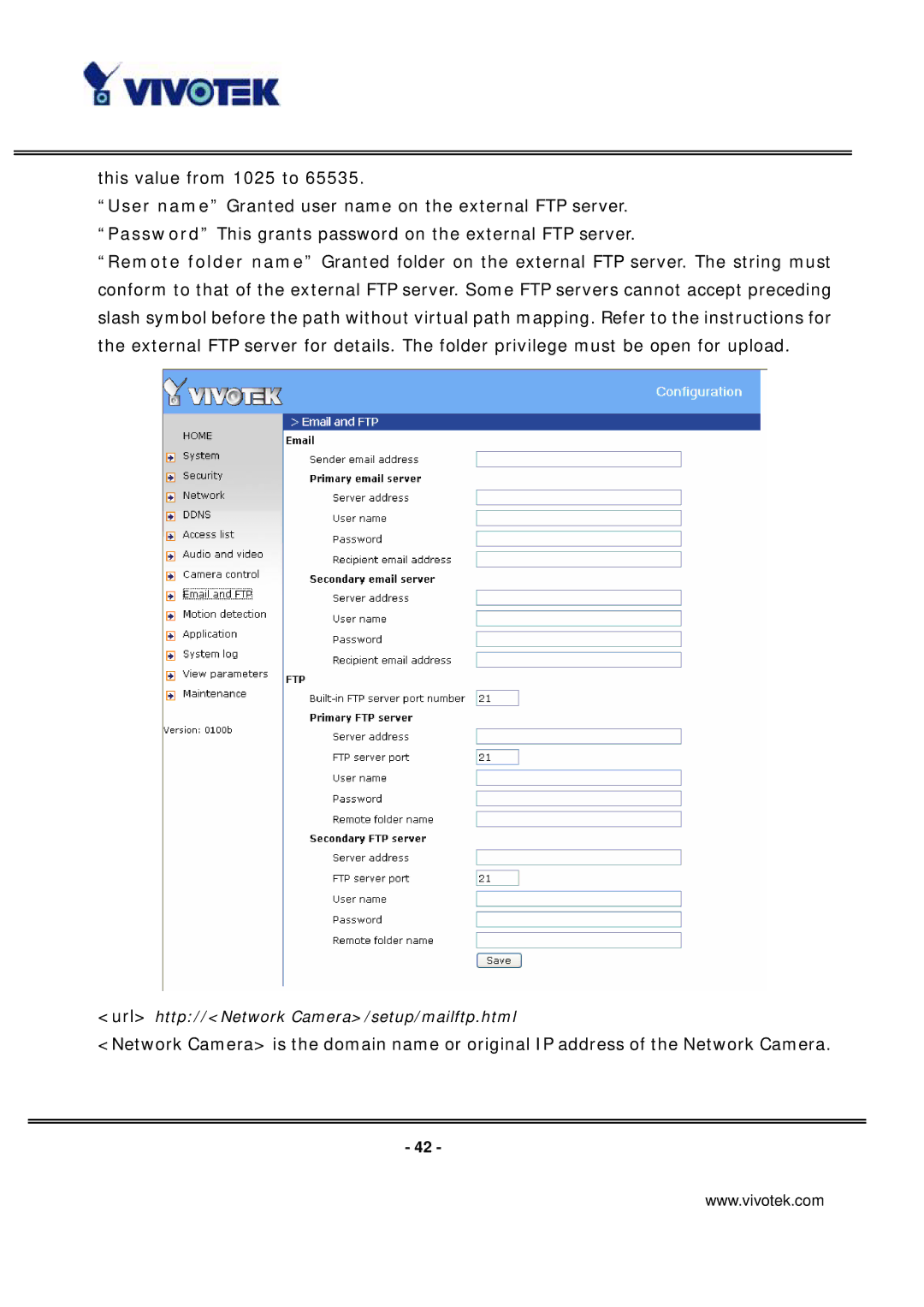 Vivotek PT7135 manual Url http//Network Camera/setup/mailftp.html 