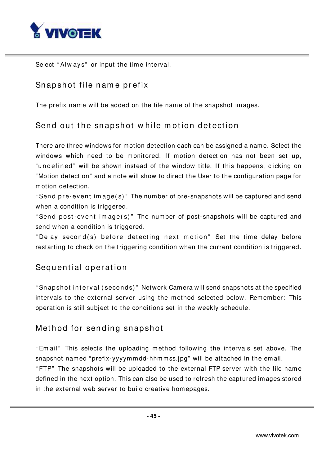 Vivotek PT7135 manual Snapshot file name prefix, Send out the snapshot while motion detection, Sequential operation 