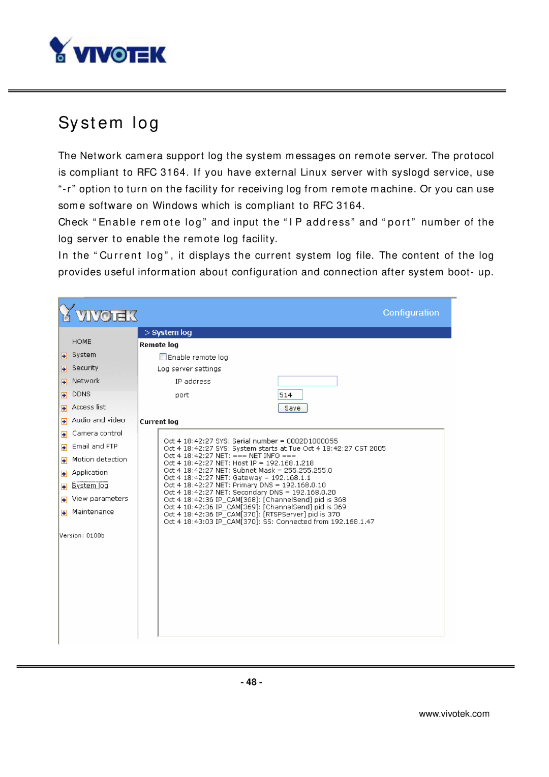 Vivotek PT7135 manual System log 