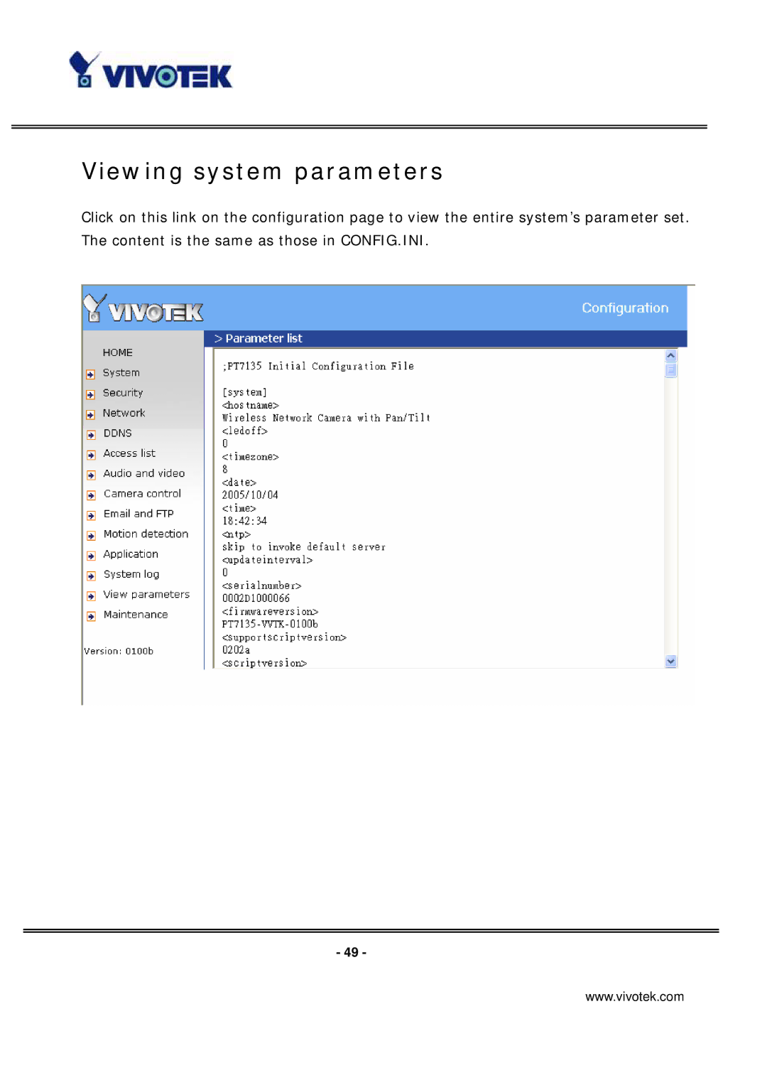 Vivotek PT7135 manual Viewing system parameters 