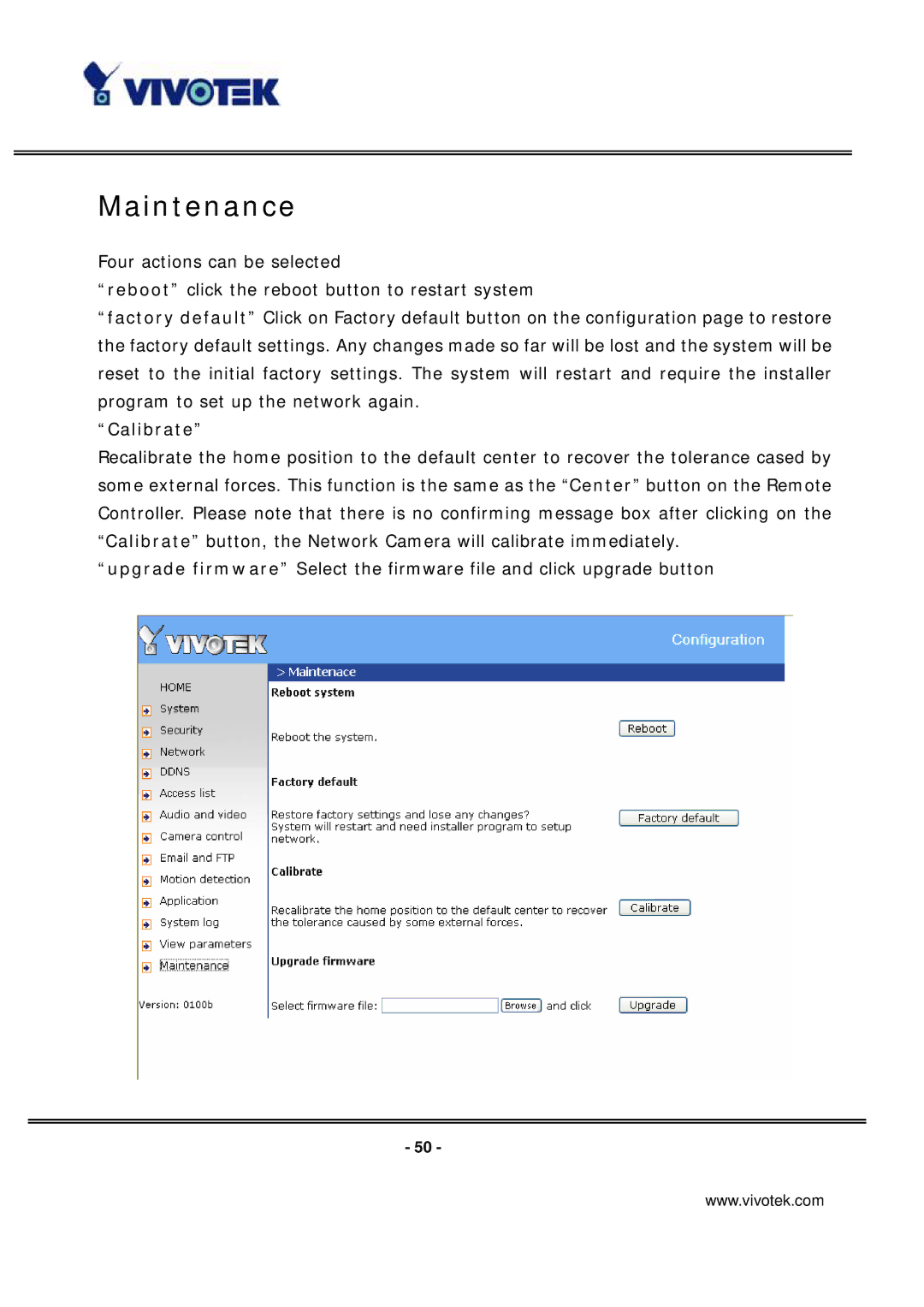 Vivotek PT7135 manual Maintenance, Calibrate 