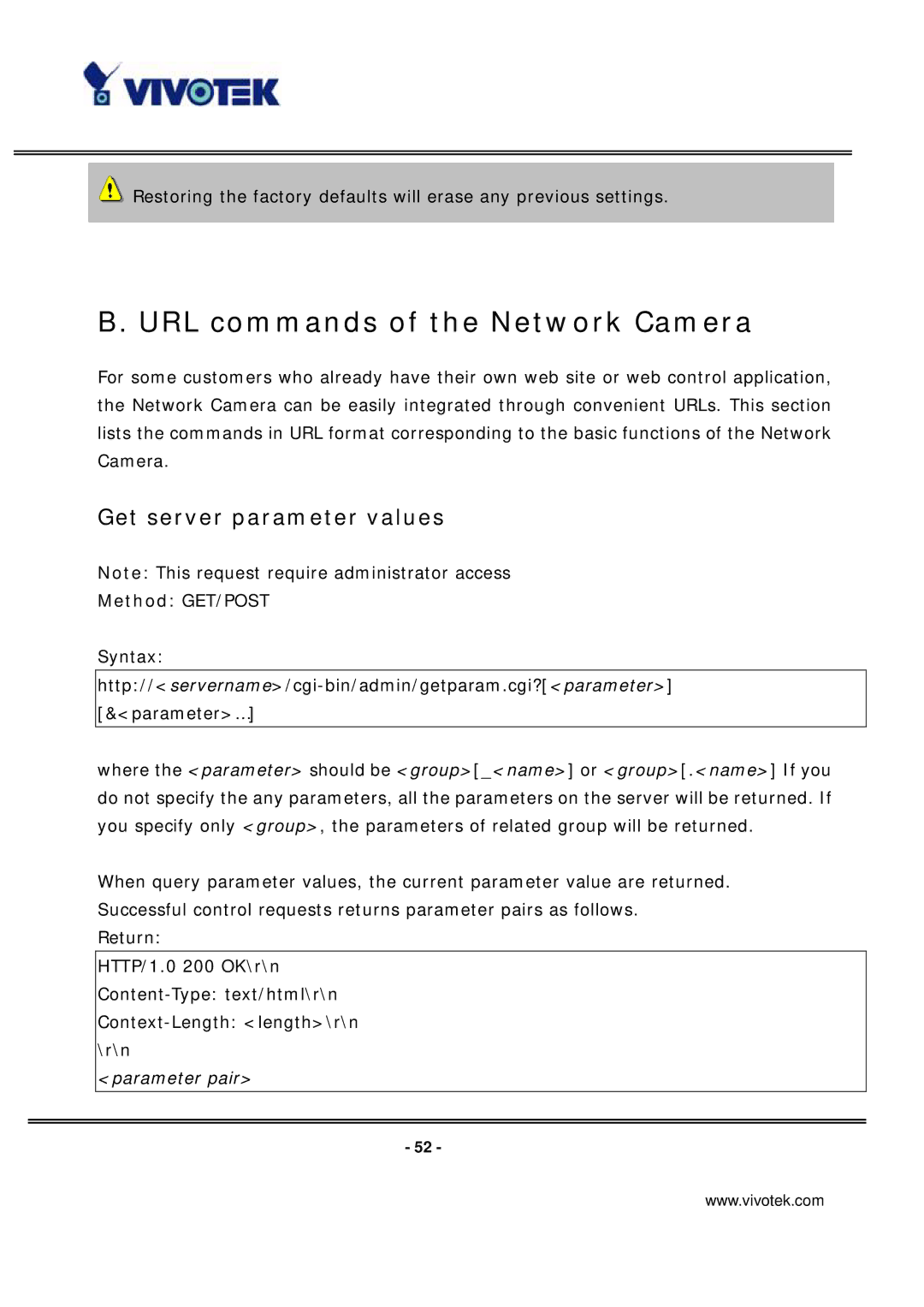 Vivotek PT7135 manual URL commands of the Network Camera, Get server parameter values, Method GET/POST 