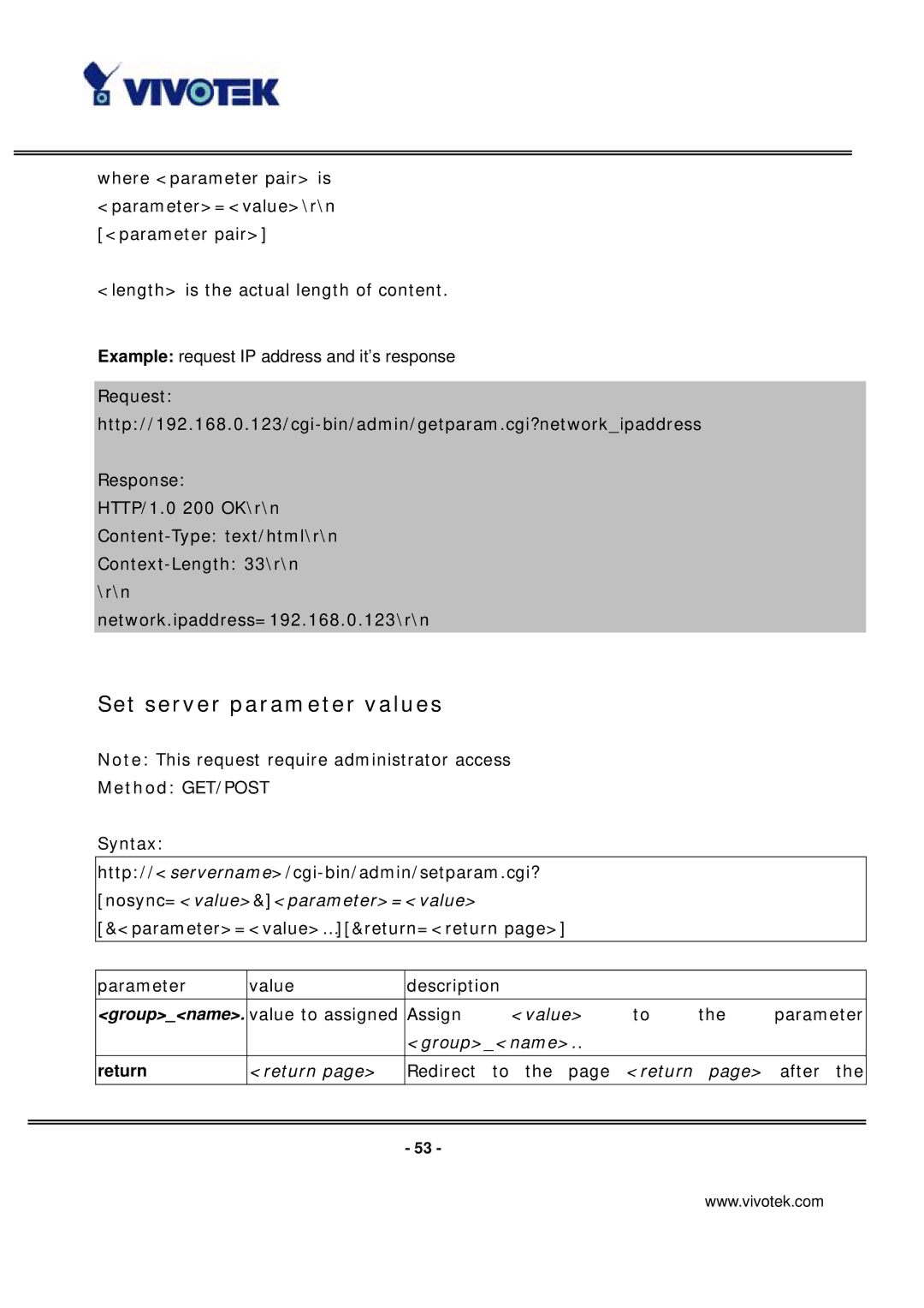 Vivotek PT7135 manual Set server parameter values, Response 