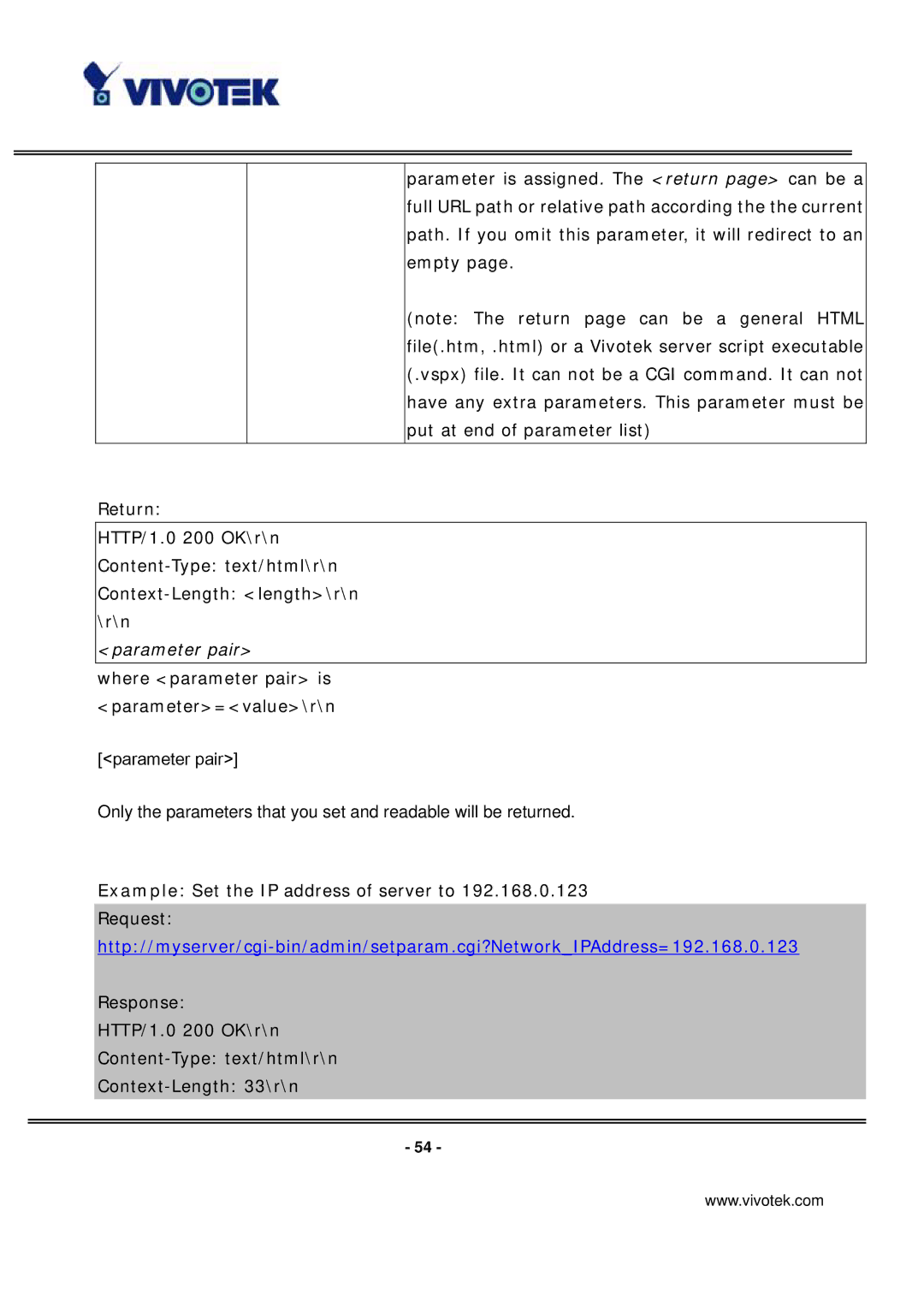 Vivotek PT7135 manual Where parameter pair is parameter=value\r\n 