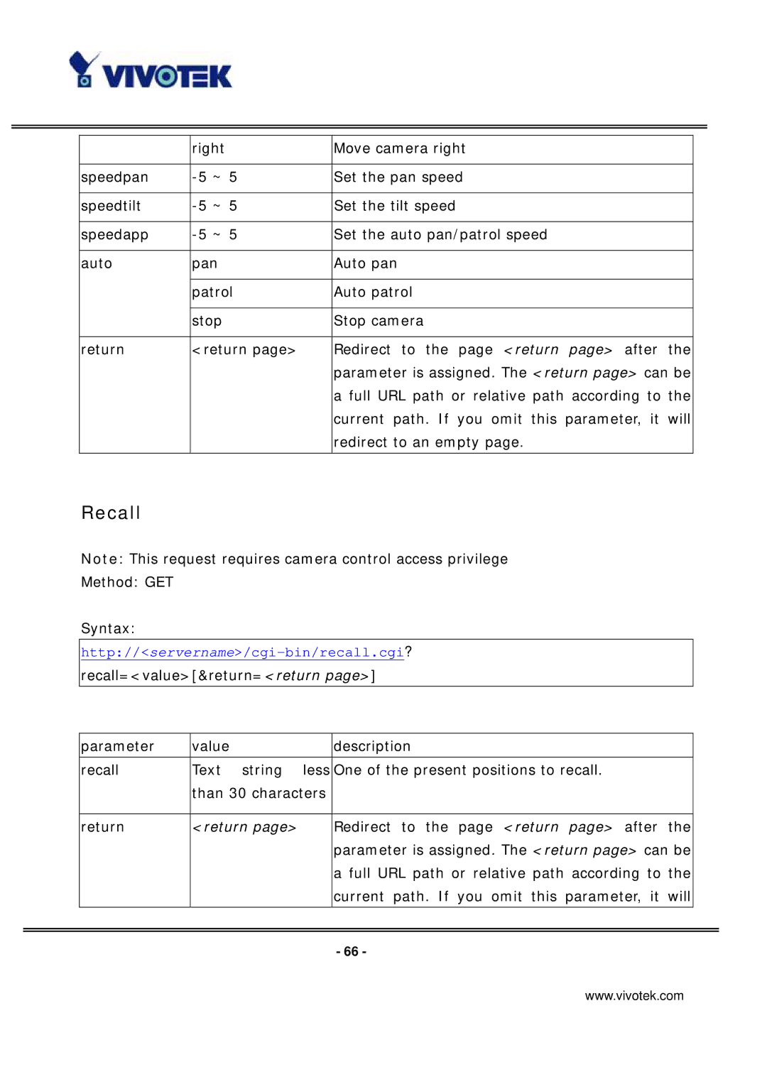 Vivotek PT7135 manual Recall 