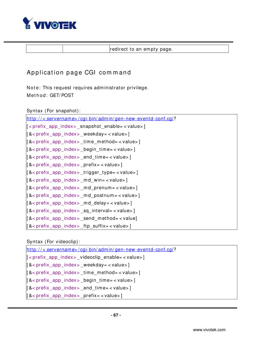 Vivotek PT7135 manual Application page CGI command 