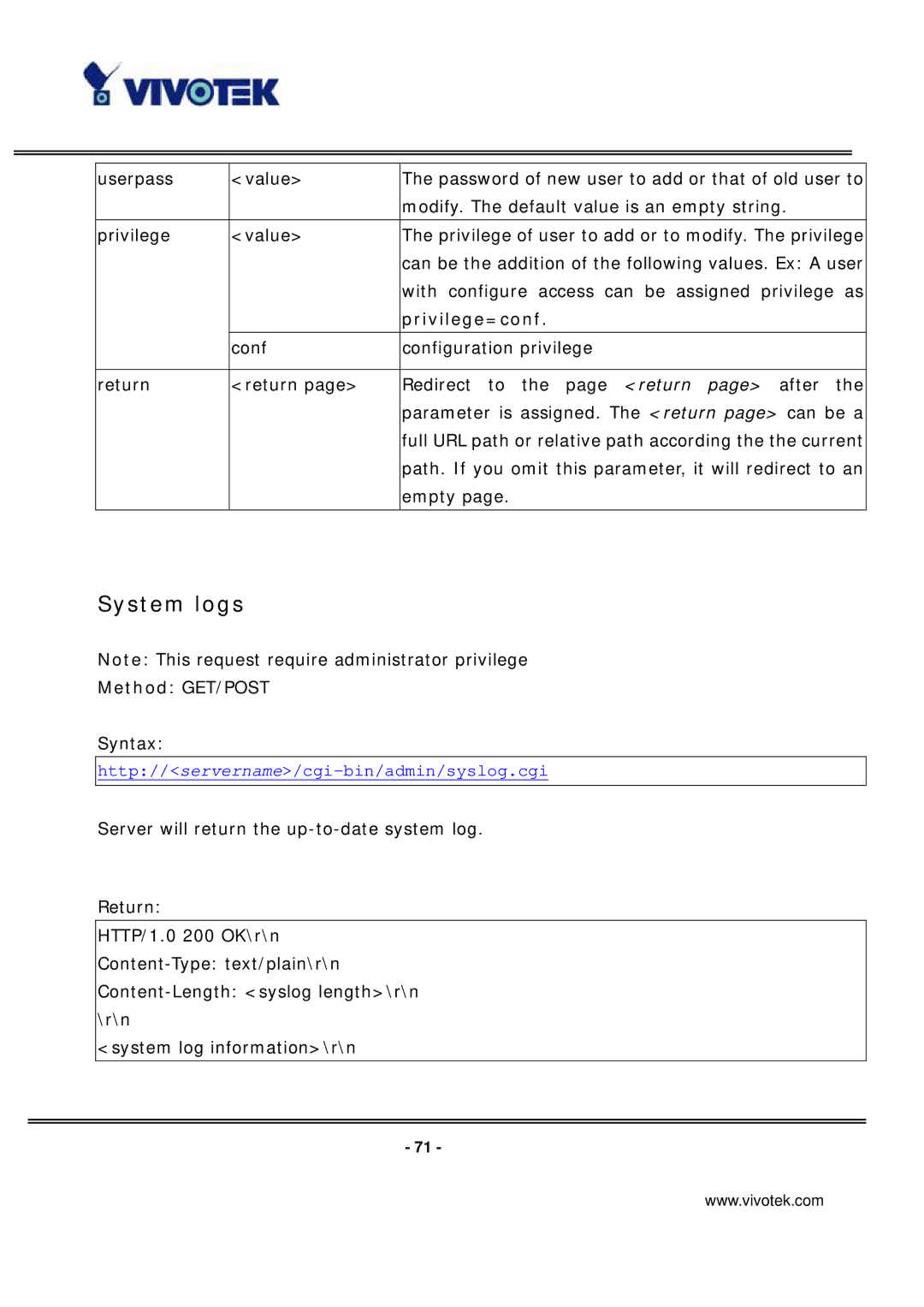 Vivotek PT7135 manual System logs, Privilege=conf 