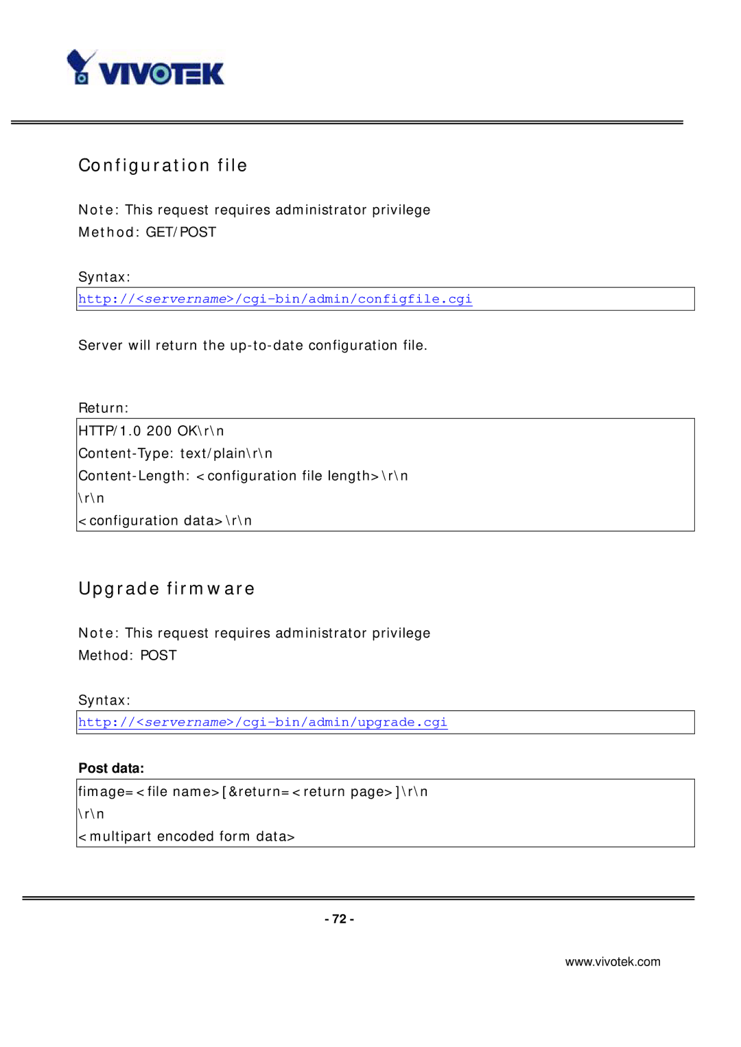 Vivotek PT7135 manual Configuration file, Upgrade firmware 