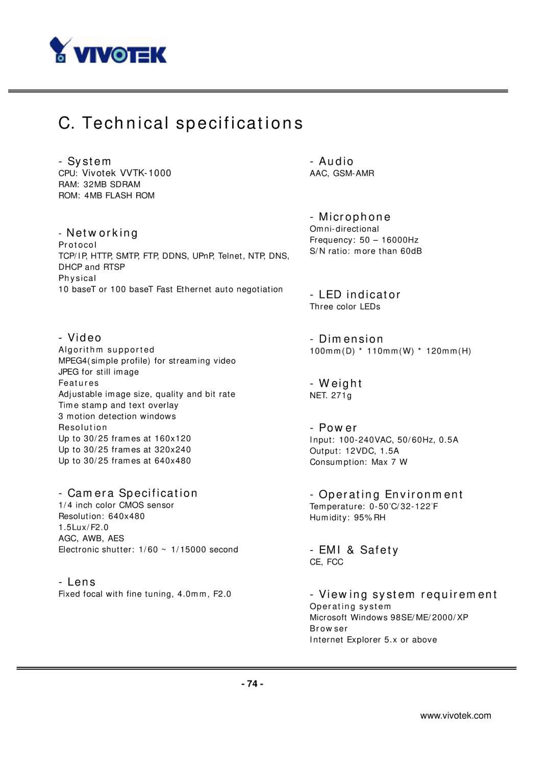 Vivotek PT7135 manual Technical specifications, Networking 