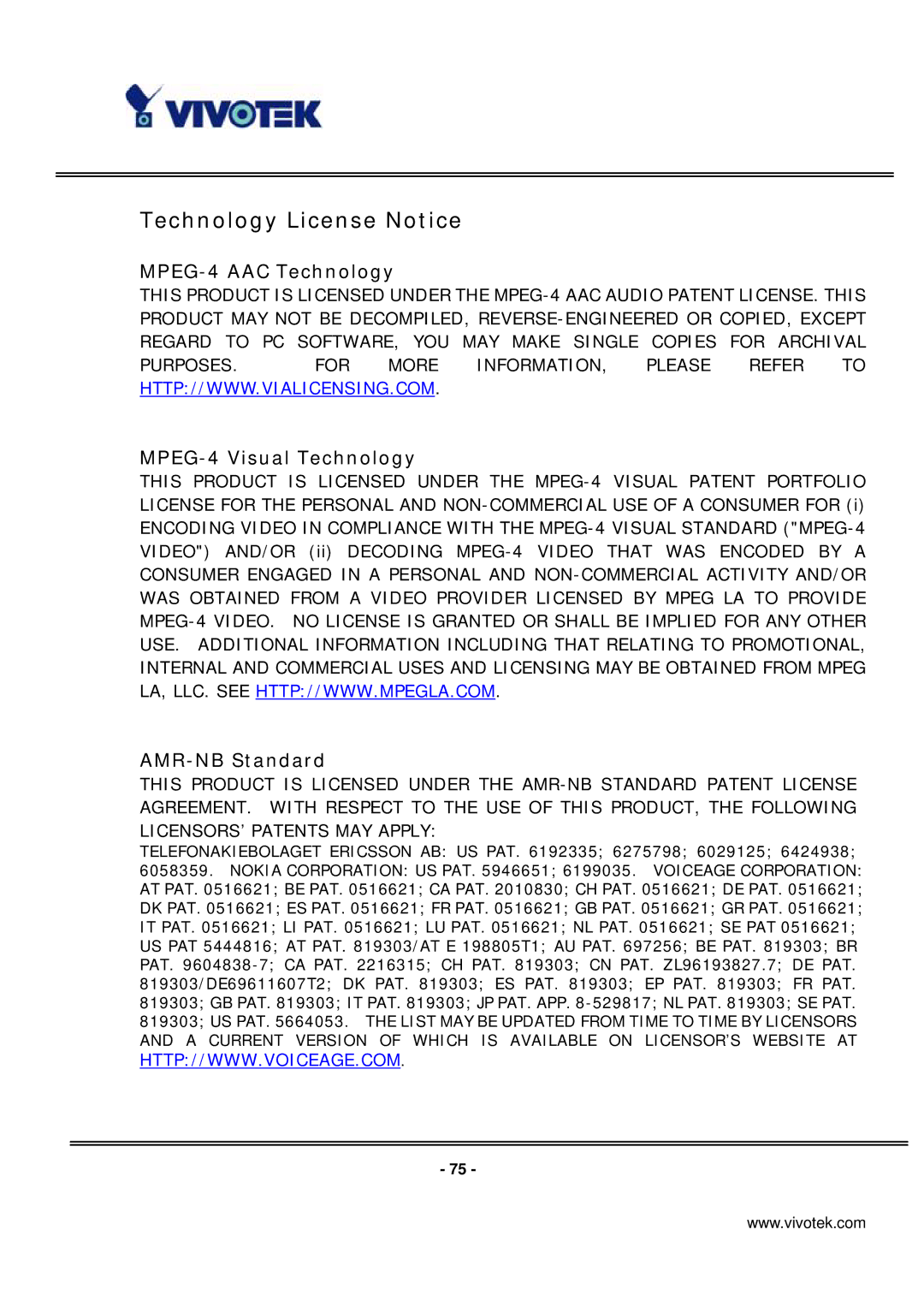 Vivotek PT7135 manual Technology License Notice, MPEG-4 AAC Technology 