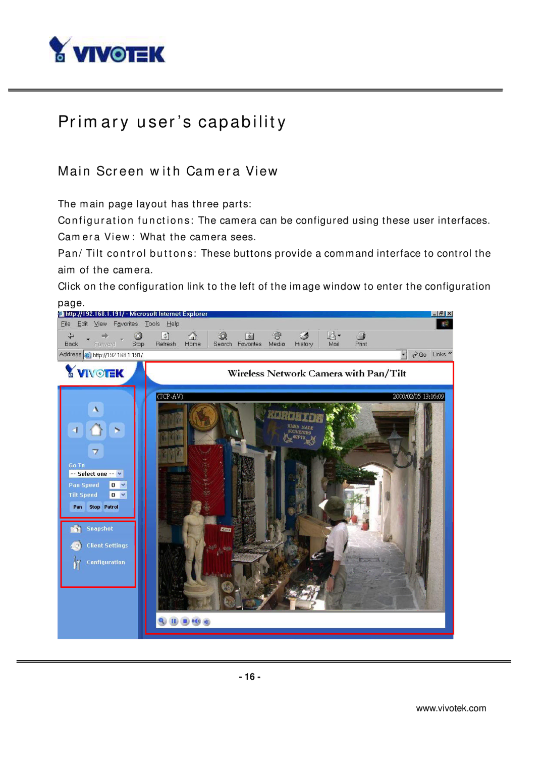 Vivotek PT7137 manual Primary user’s capability, Main Screen with Camera View 