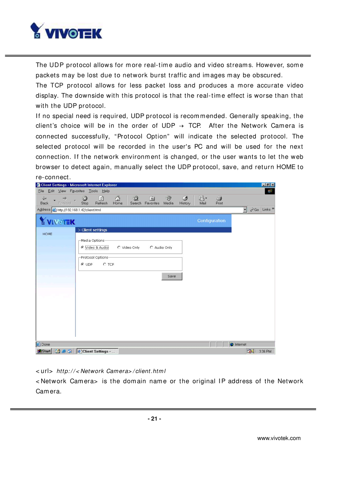 Vivotek PT7137 manual Url http//Network Camera/client.html 