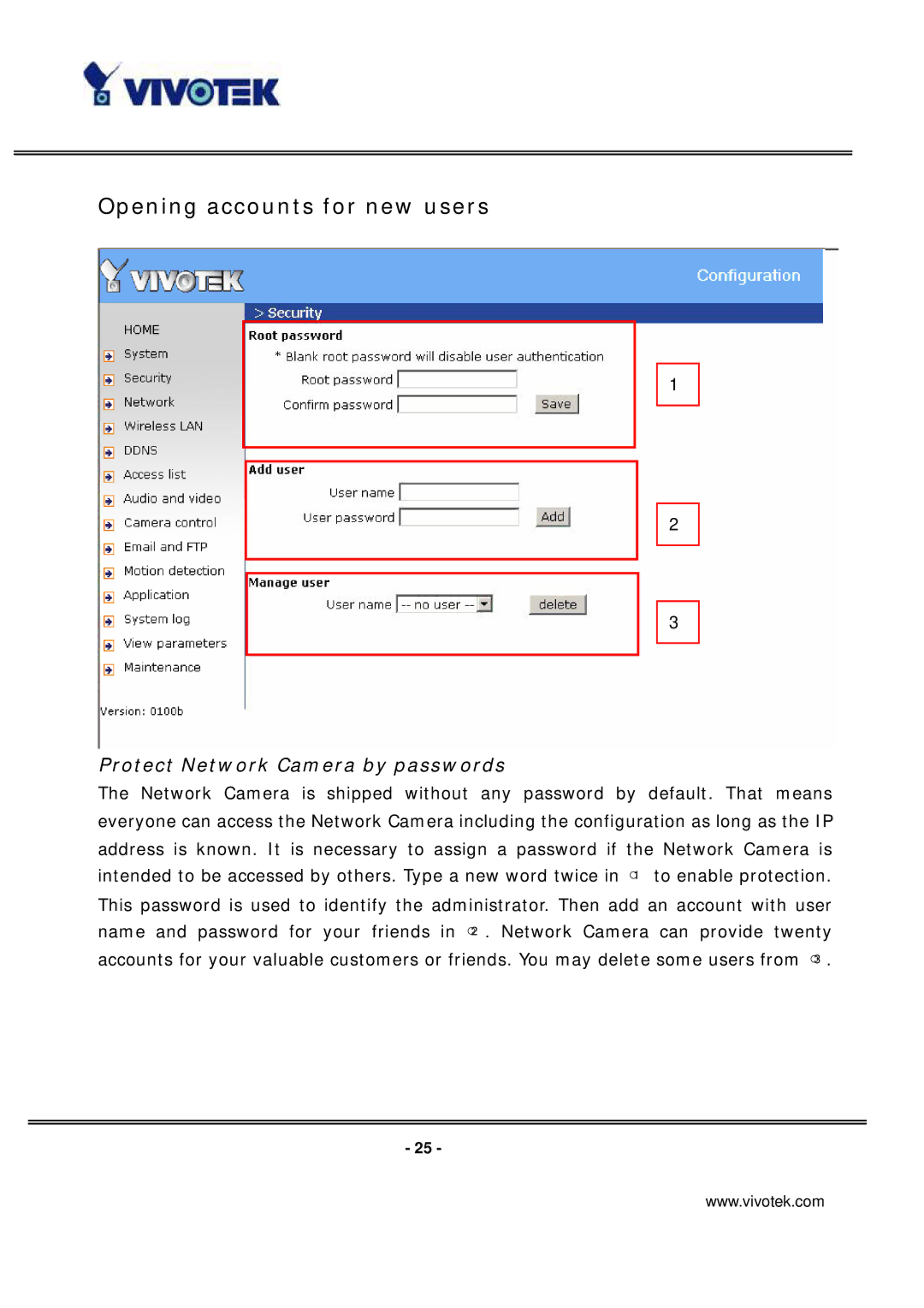 Vivotek PT7137 manual Opening accounts for new users, Protect Network Camera by passwords 