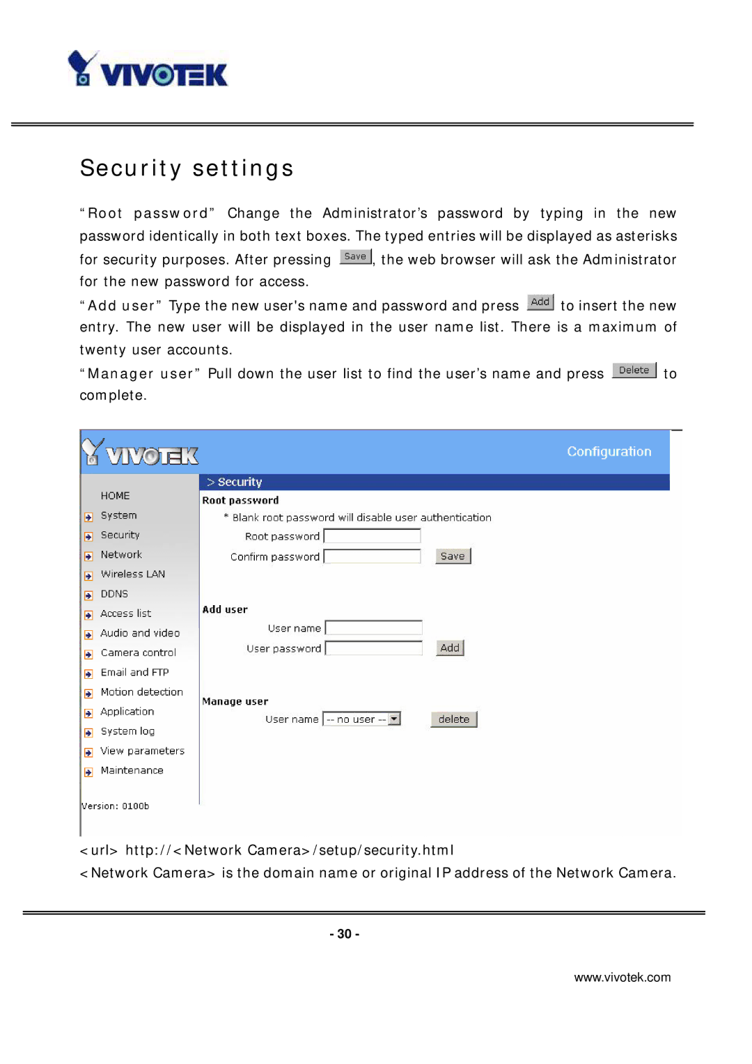 Vivotek PT7137 manual Security settings 